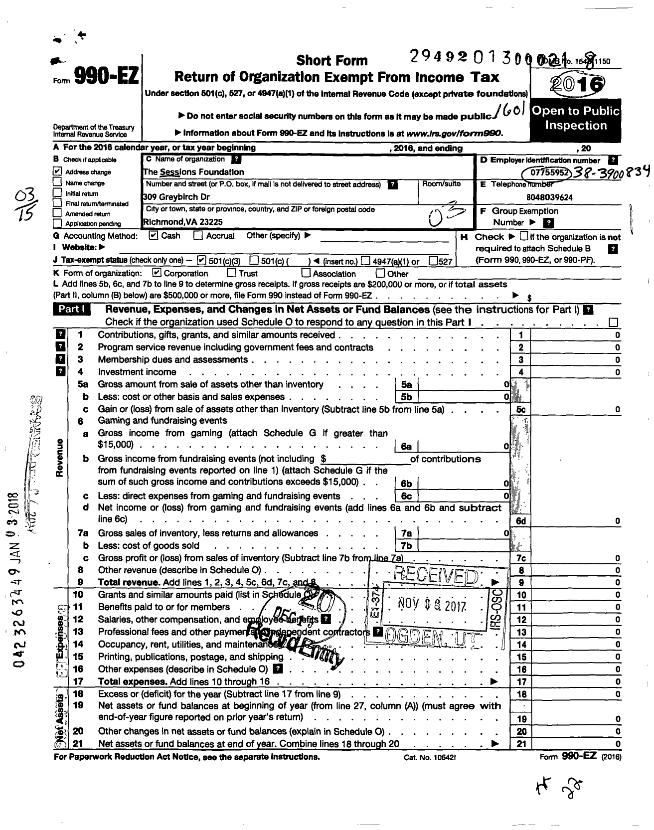 Image of first page of 2015 Form 990EZ for Sessions Foundation