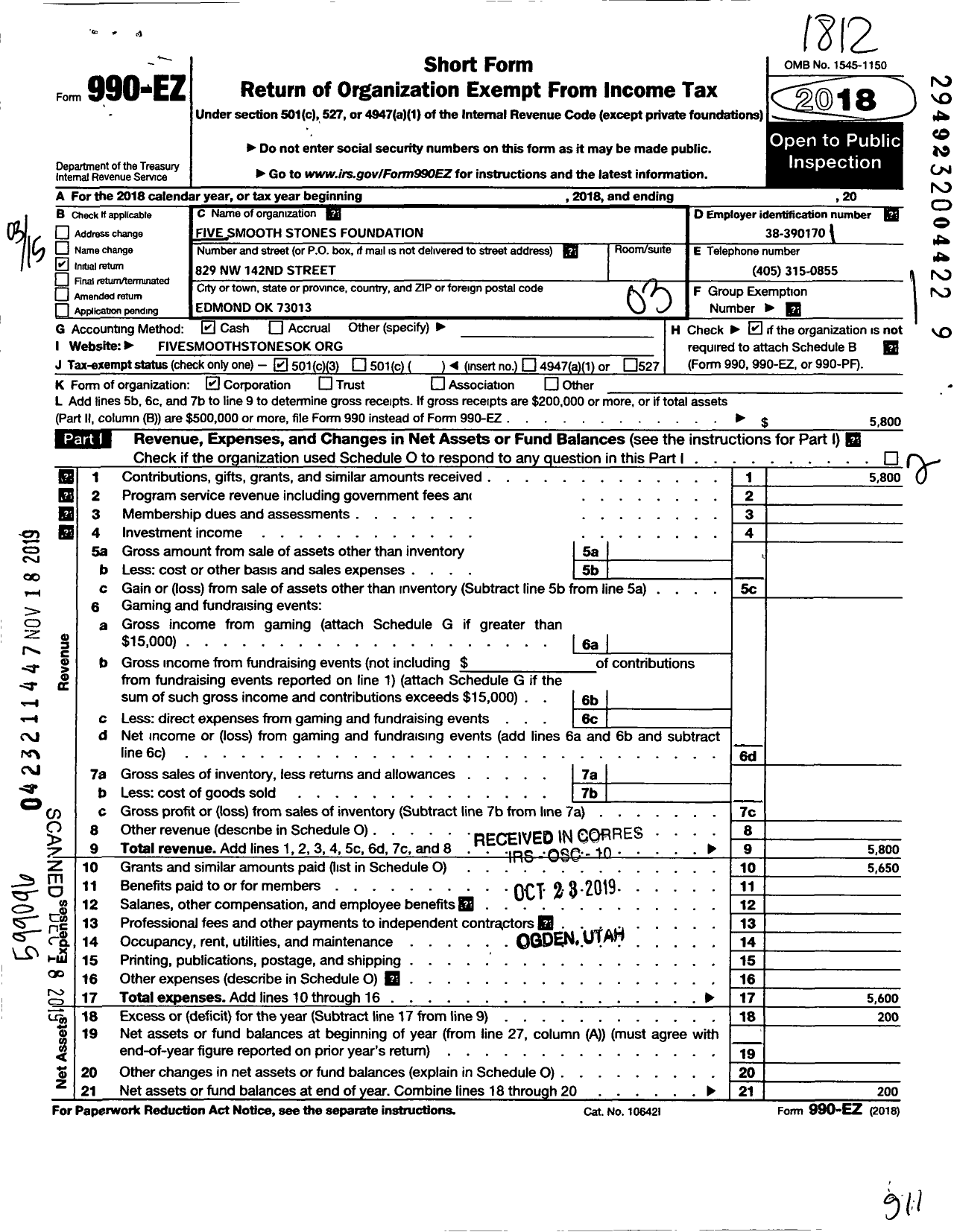 Image of first page of 2018 Form 990EZ for Five Smooth Stones Foundation