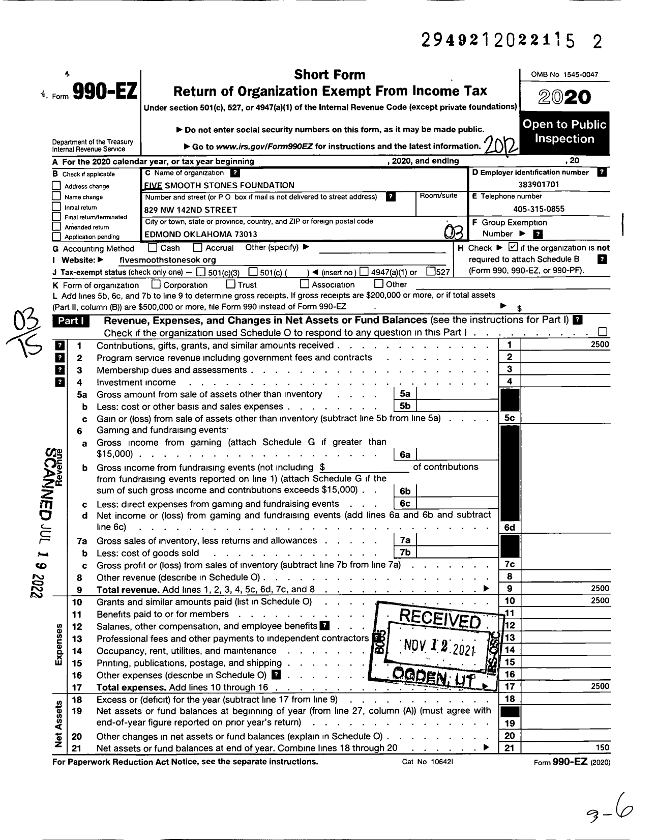 Image of first page of 2020 Form 990EZ for Five Smooth Stones Foundation