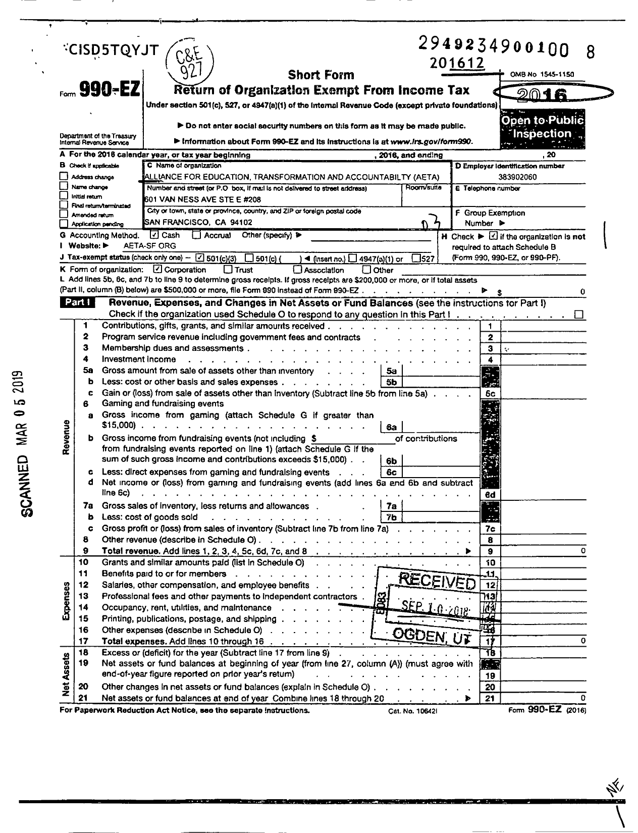 Image of first page of 2016 Form 990EZ for Alliance for Education Transformation and Accountability