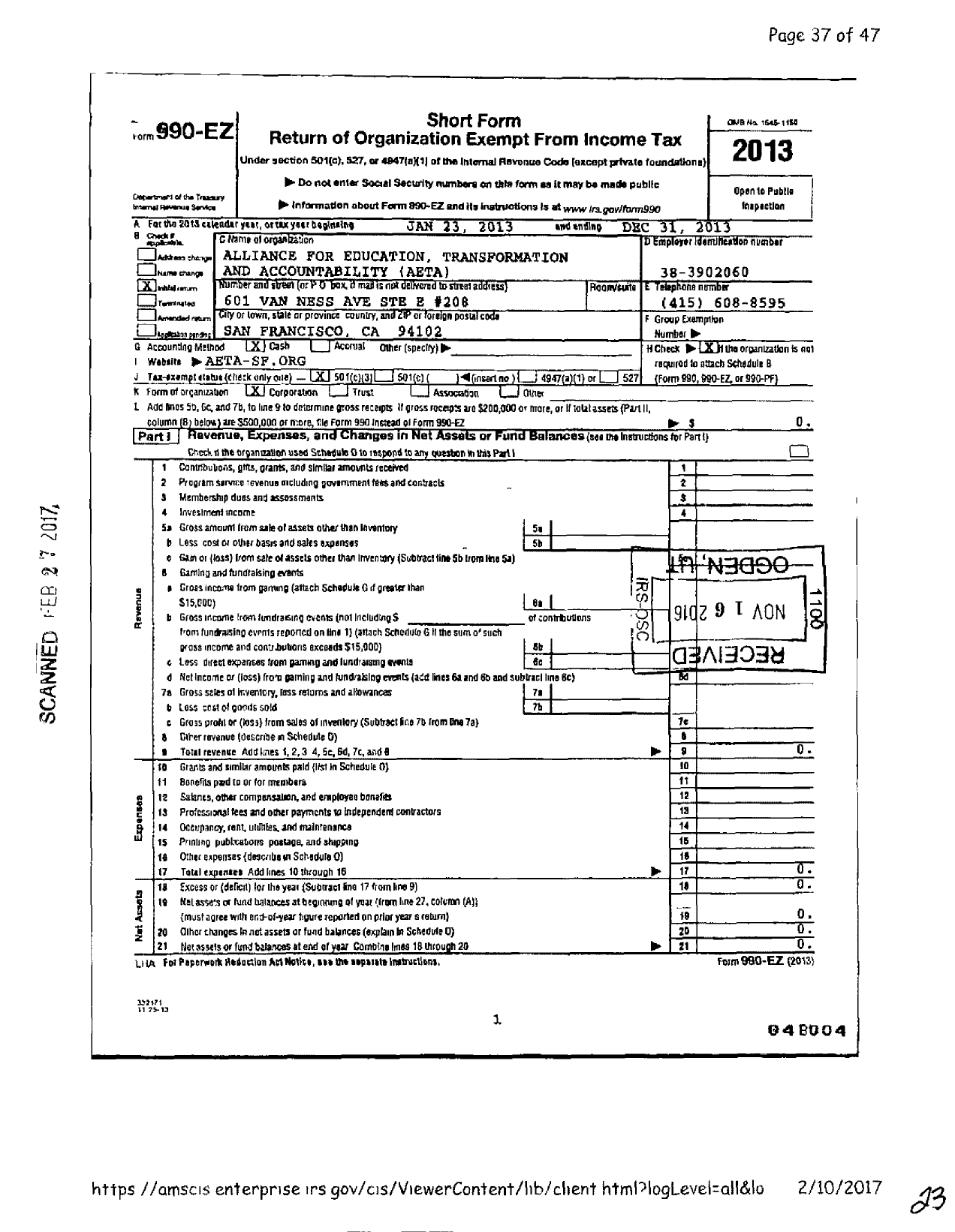 Image of first page of 2013 Form 990EZ for Alliance for Education Transformation and Accountability