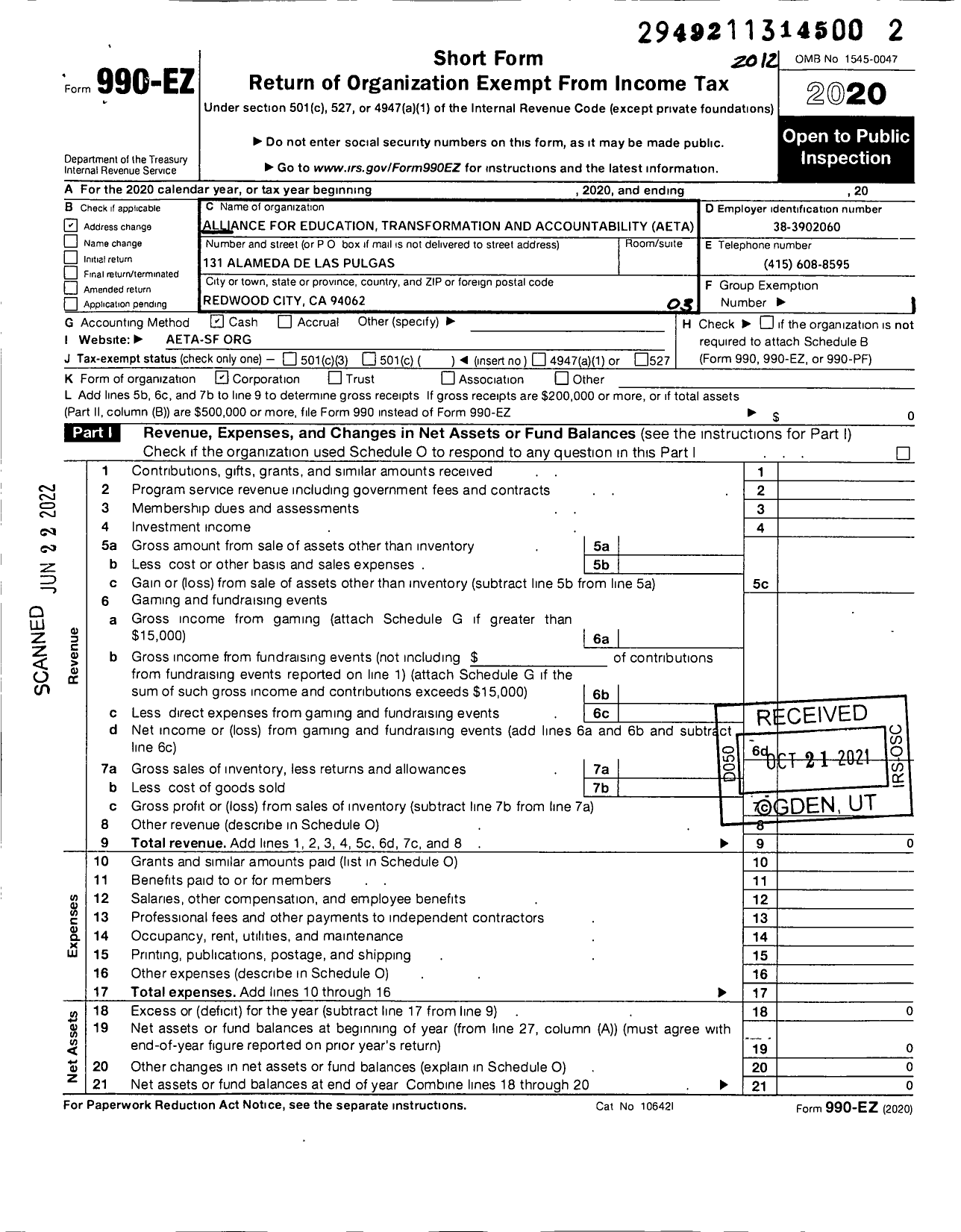 Image of first page of 2020 Form 990EZ for Alliance for Education Transformation and Accountability