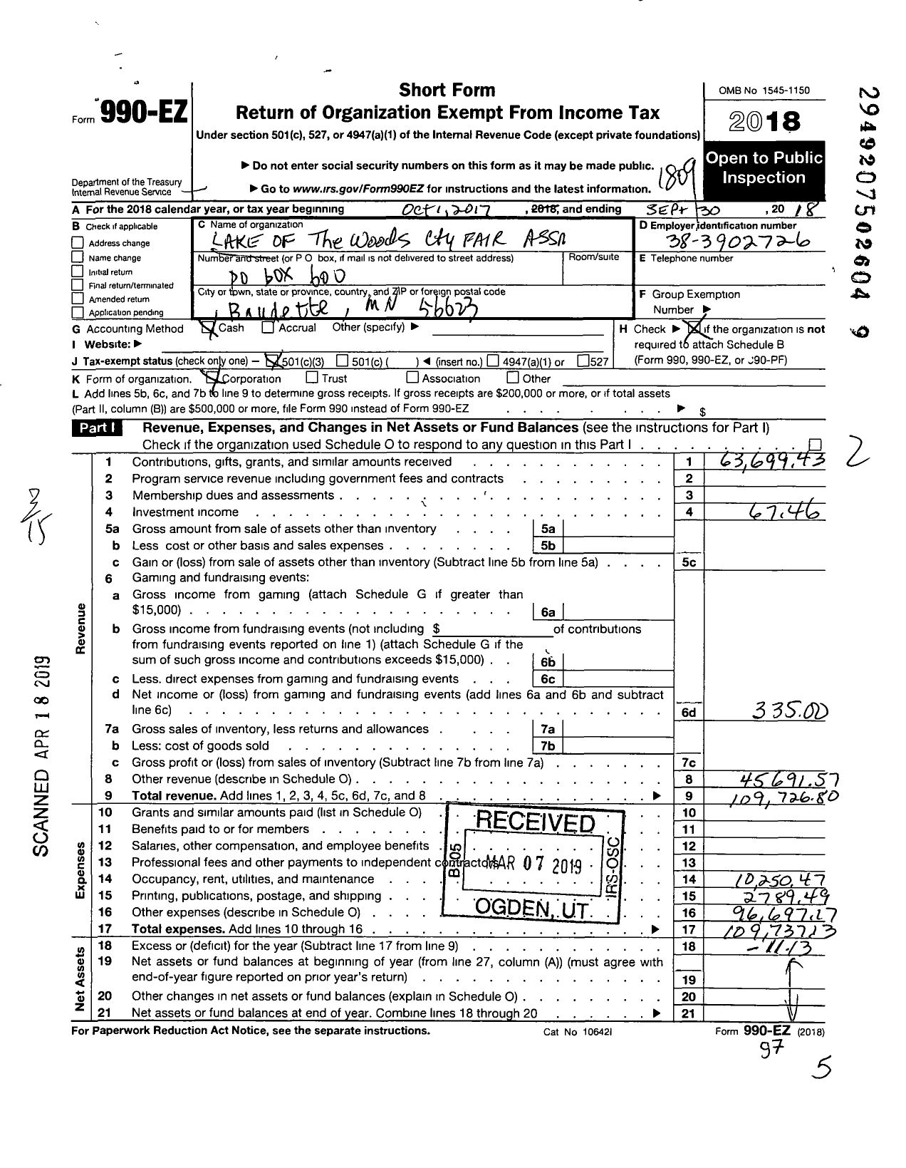 Image of first page of 2017 Form 990EZ for Lake of the Woods County Fair Association