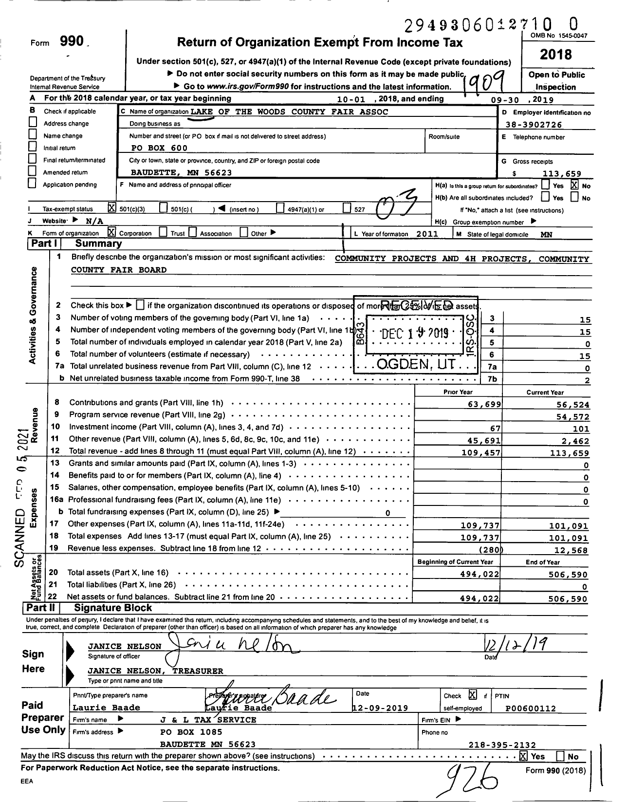 Image of first page of 2018 Form 990 for Lake of the Woods County Fair Association