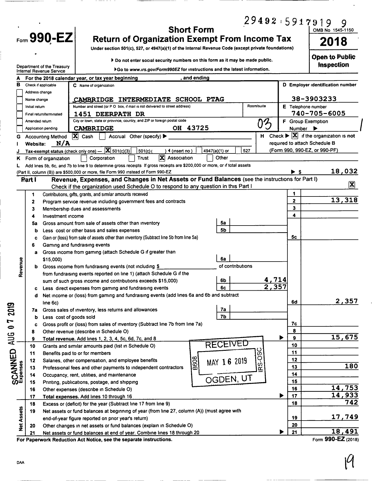 Image of first page of 2018 Form 990EZ for North Elementary Parent Teacher Organization