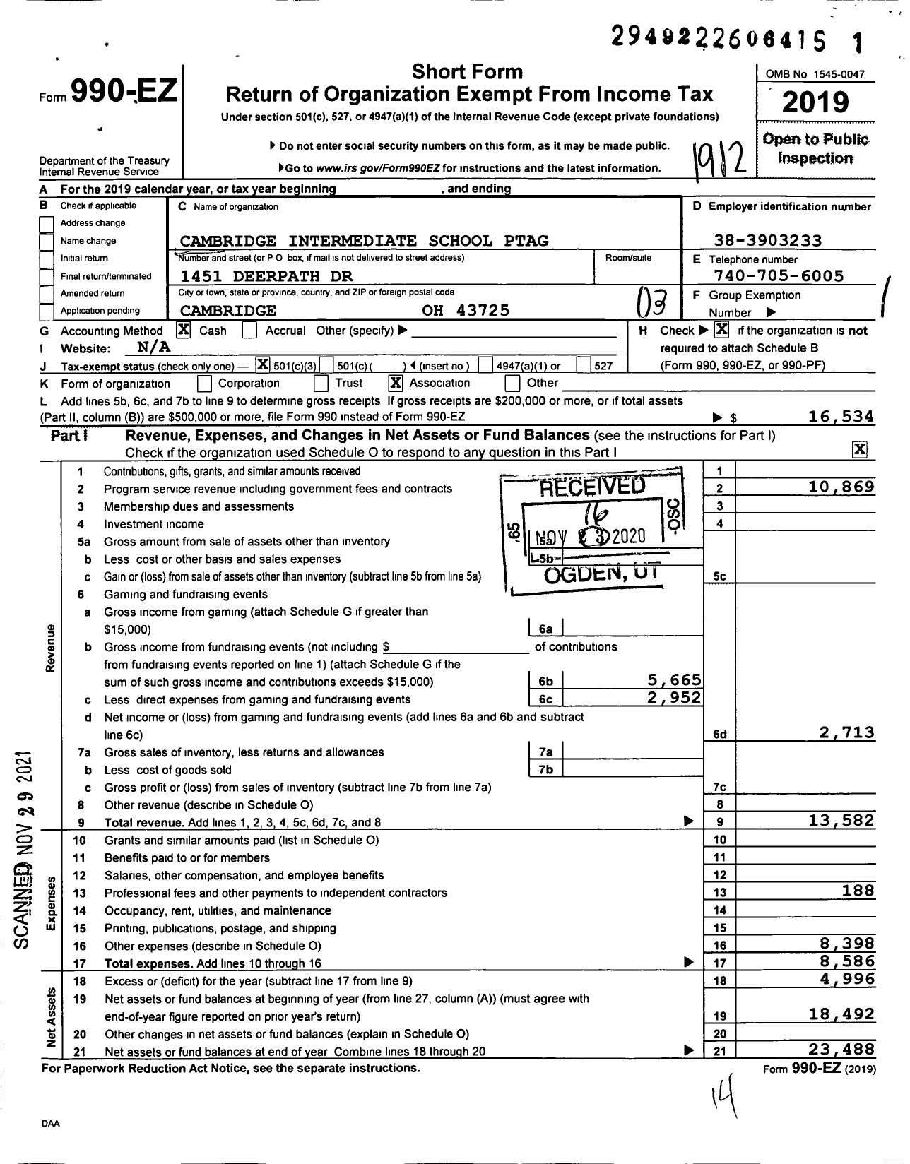 Image of first page of 2019 Form 990EZ for North Elementary Parent Teacher Organization