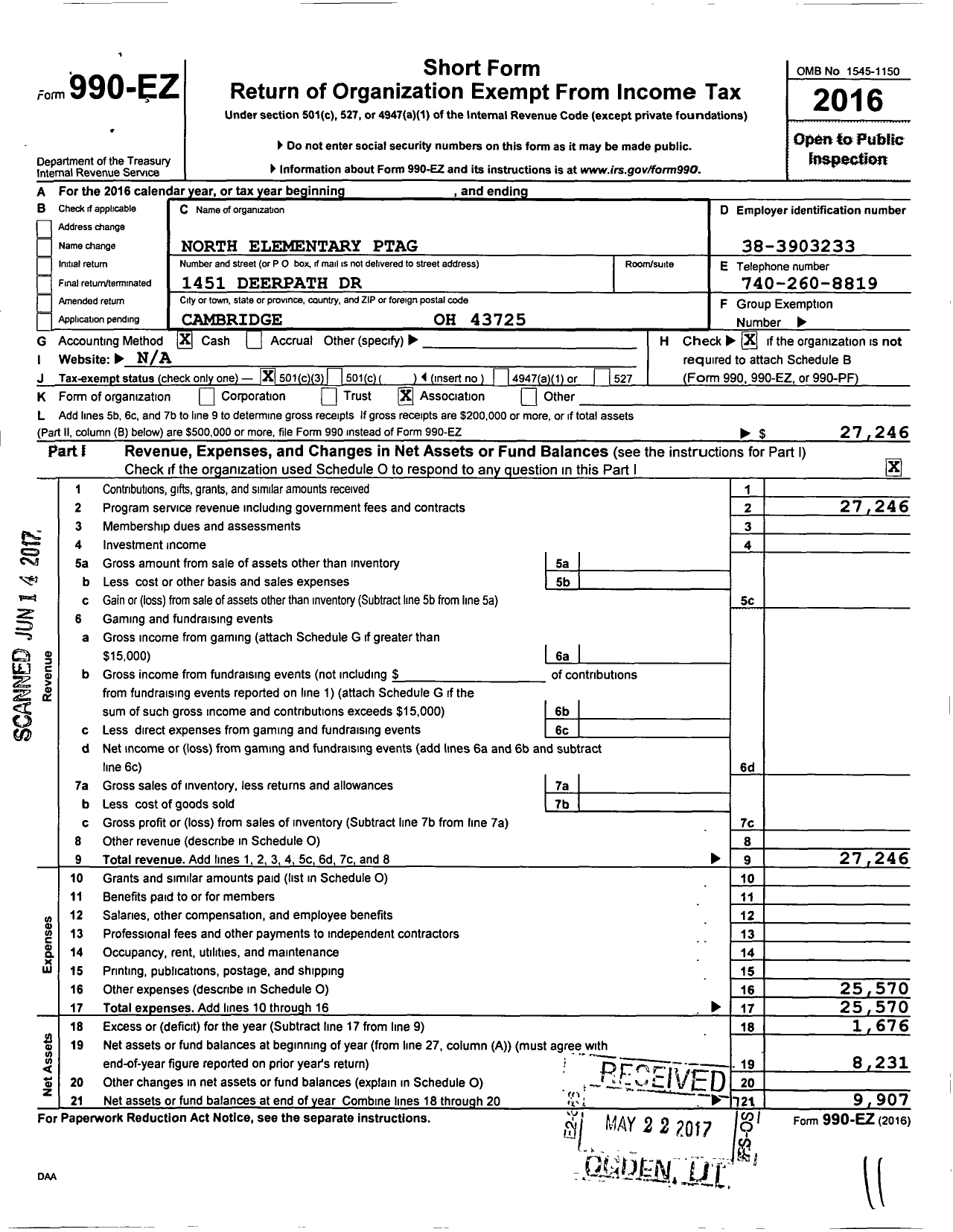 Image of first page of 2016 Form 990EZ for North Elementary Parent Teacher Organization