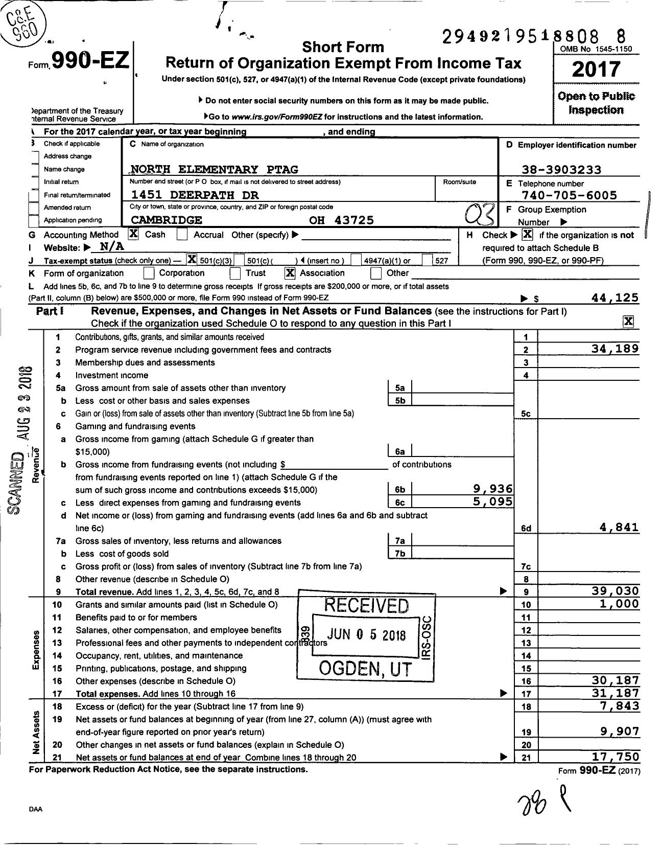 Image of first page of 2017 Form 990EZ for North Elementary Parent Teacher Organization