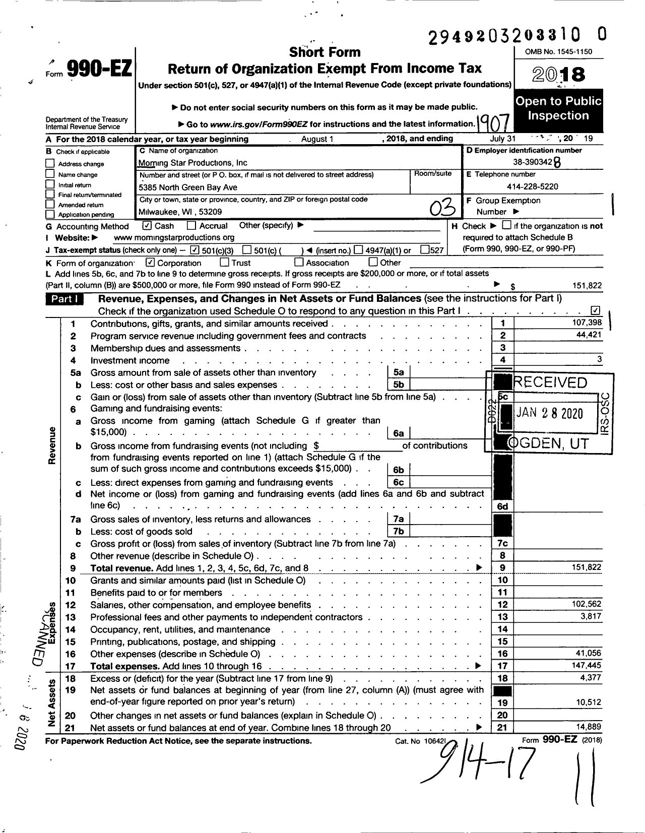 Image of first page of 2018 Form 990EZ for Morning Star PRODUCTIONs