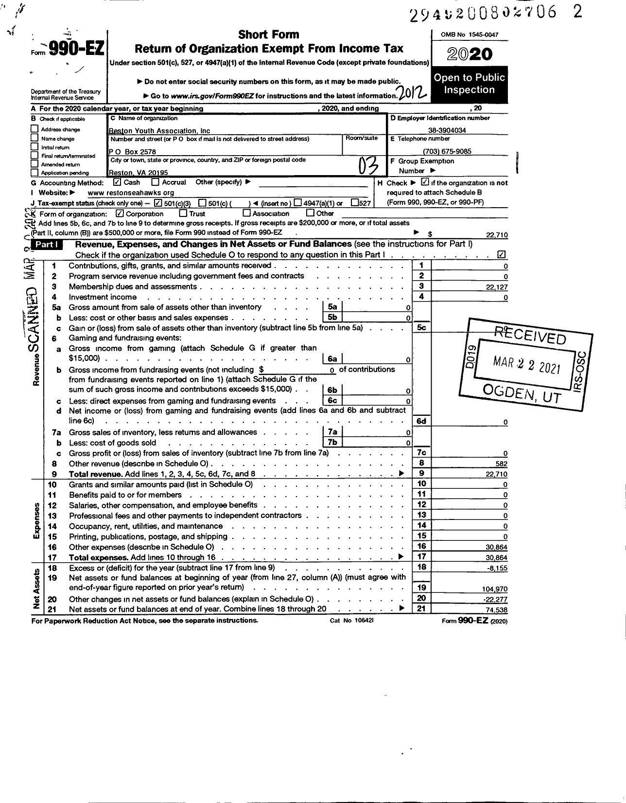 Image of first page of 2020 Form 990EZ for Reston Youth Association