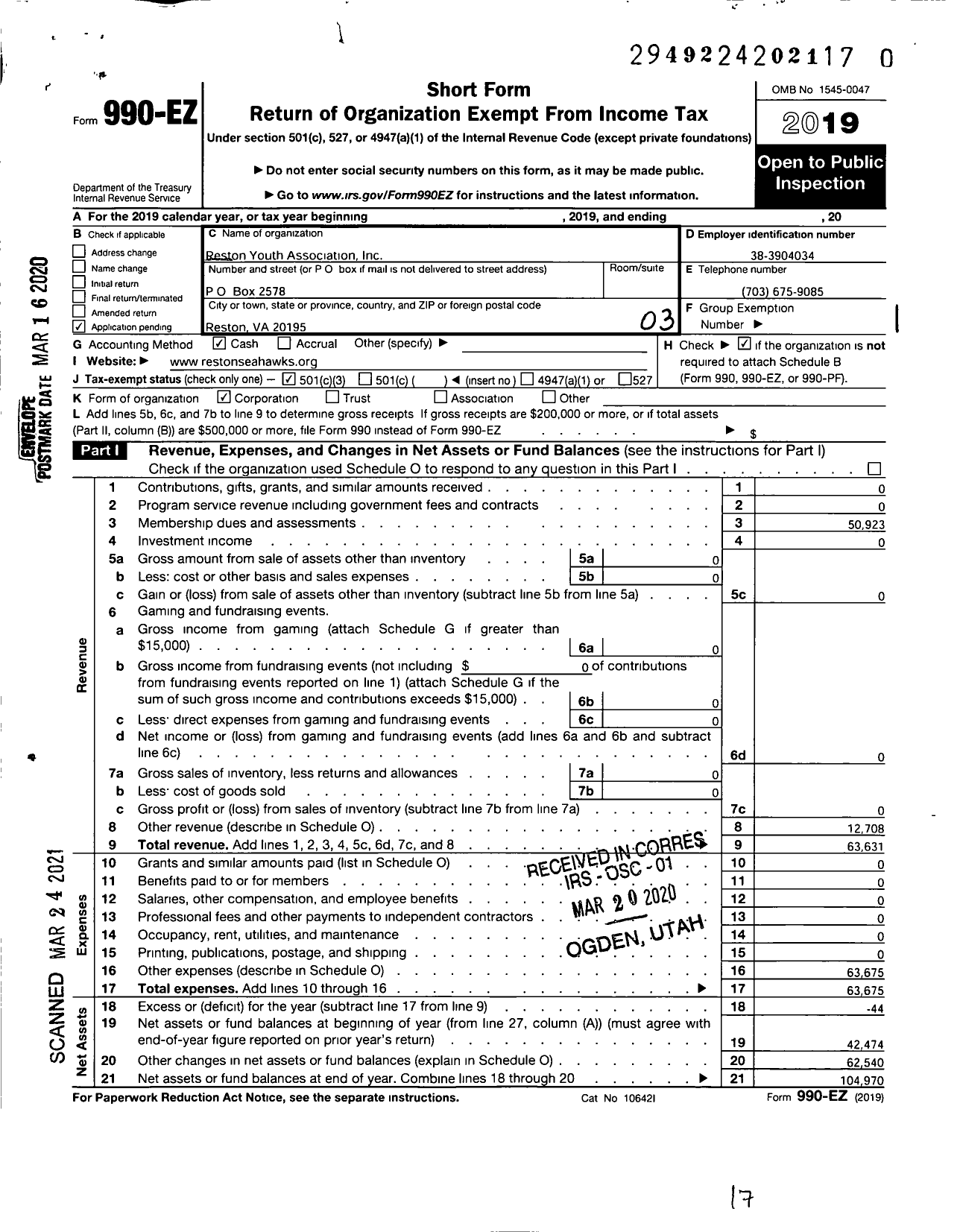 Image of first page of 2019 Form 990EZ for Reston Youth Association