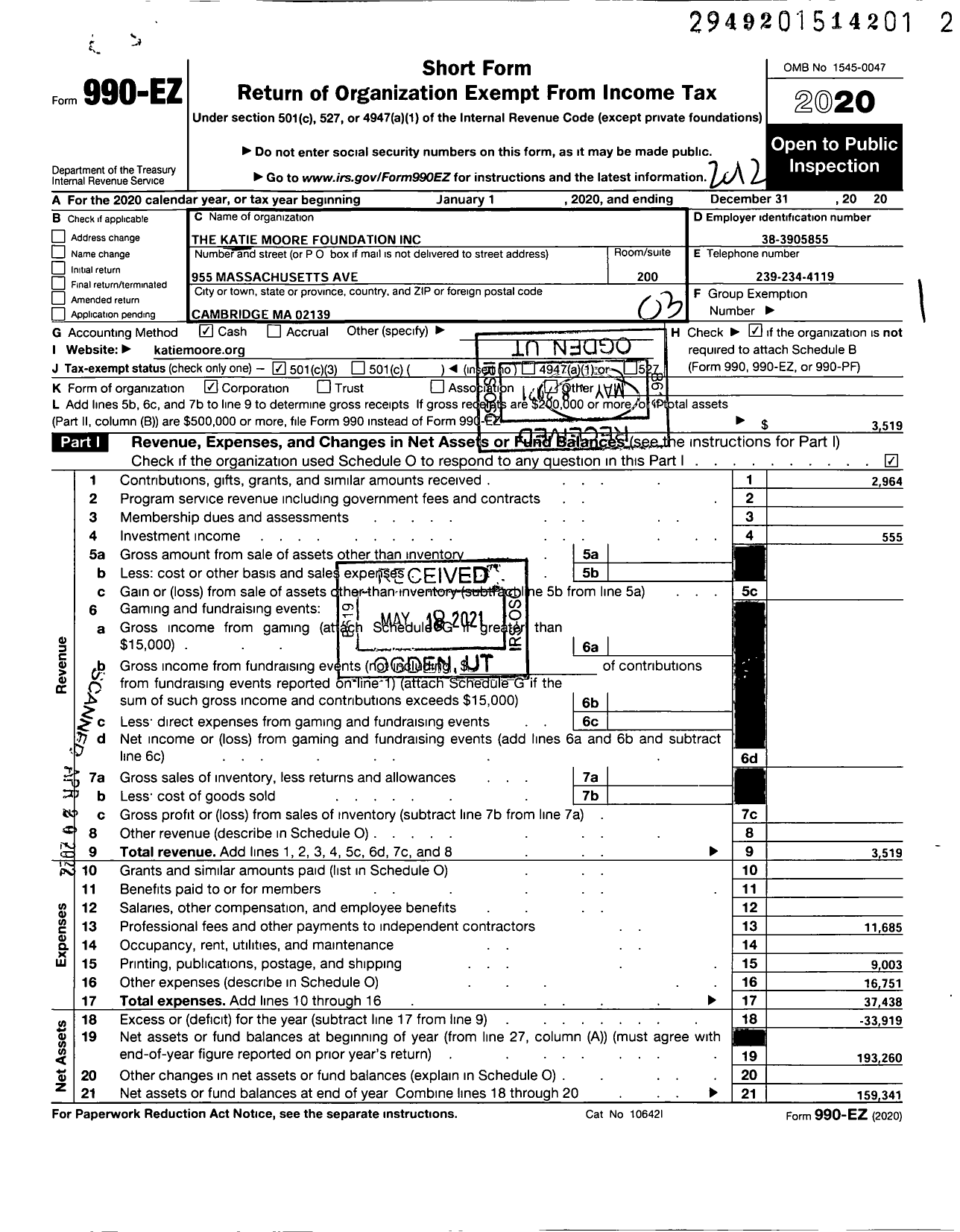 Image of first page of 2020 Form 990EZ for The Katie Moore Foundation