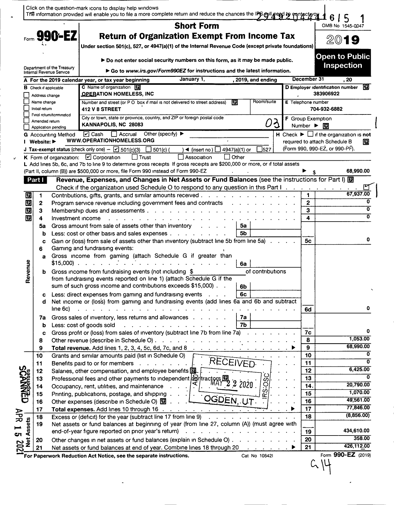 Image of first page of 2019 Form 990EZ for Operation Homeless / Refuge of Hope at Centerview