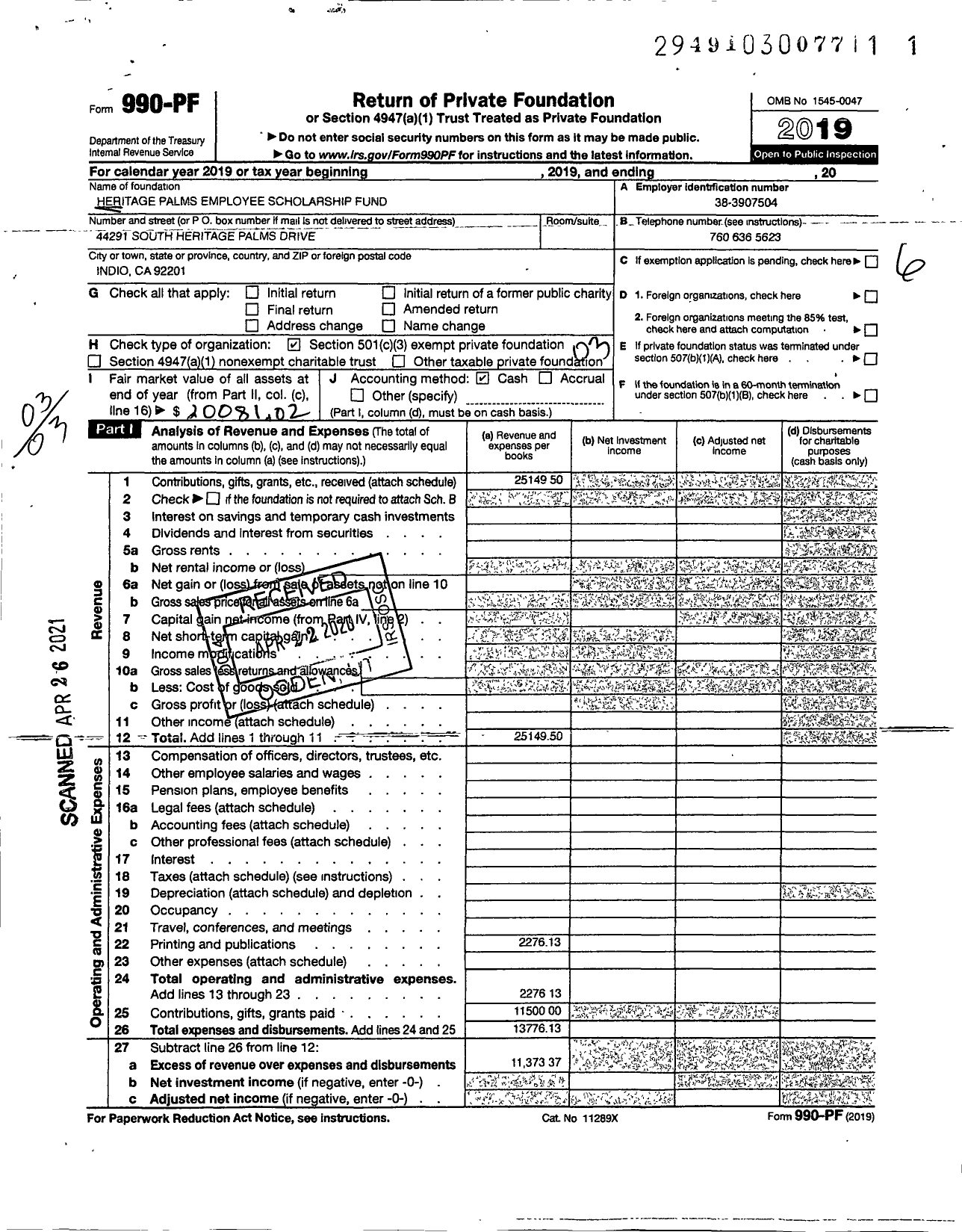 Image of first page of 2019 Form 990PF for Heritage Palms Employee Scholarship Fund