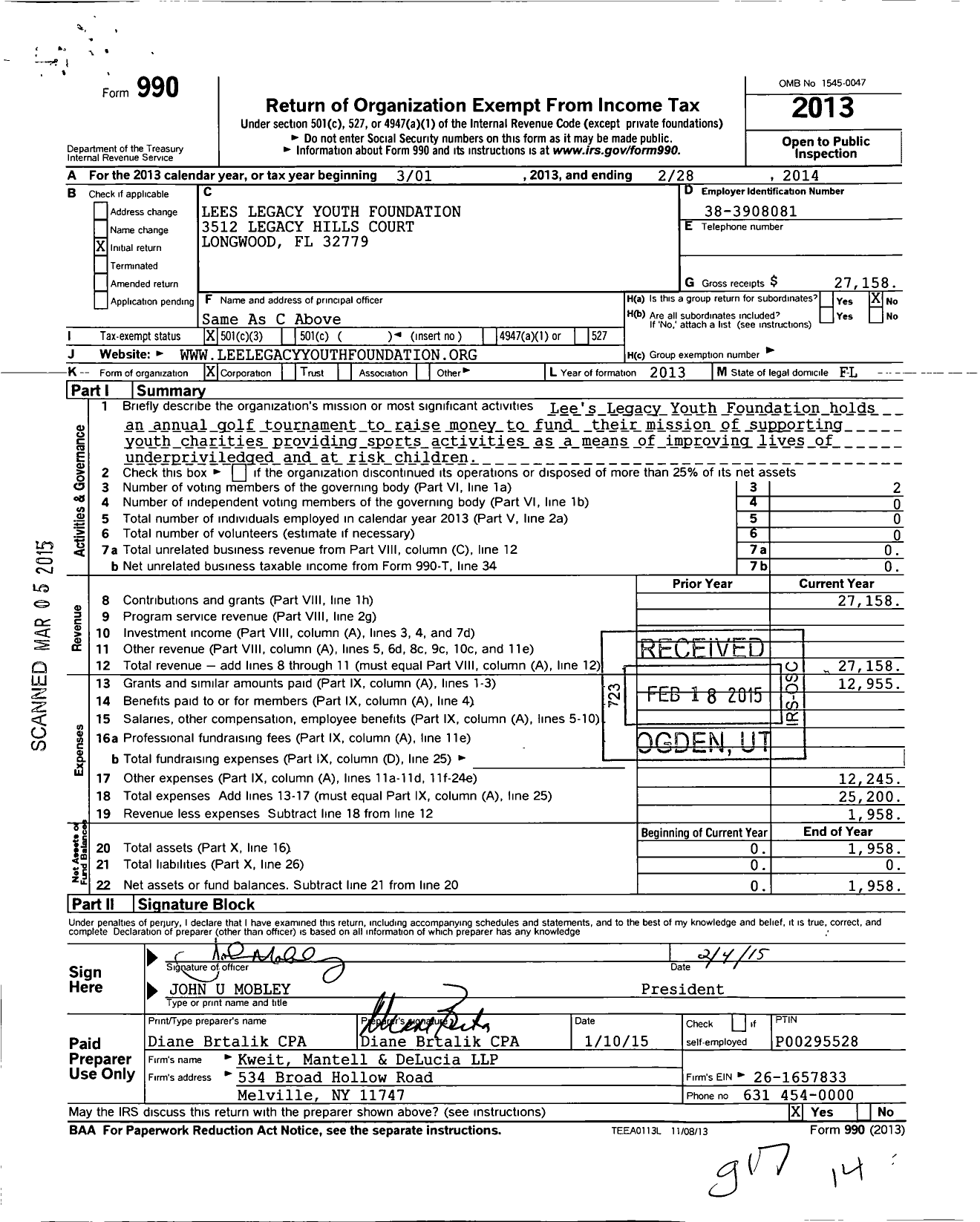 Image of first page of 2013 Form 990 for Lees Legacy Youth Foundation