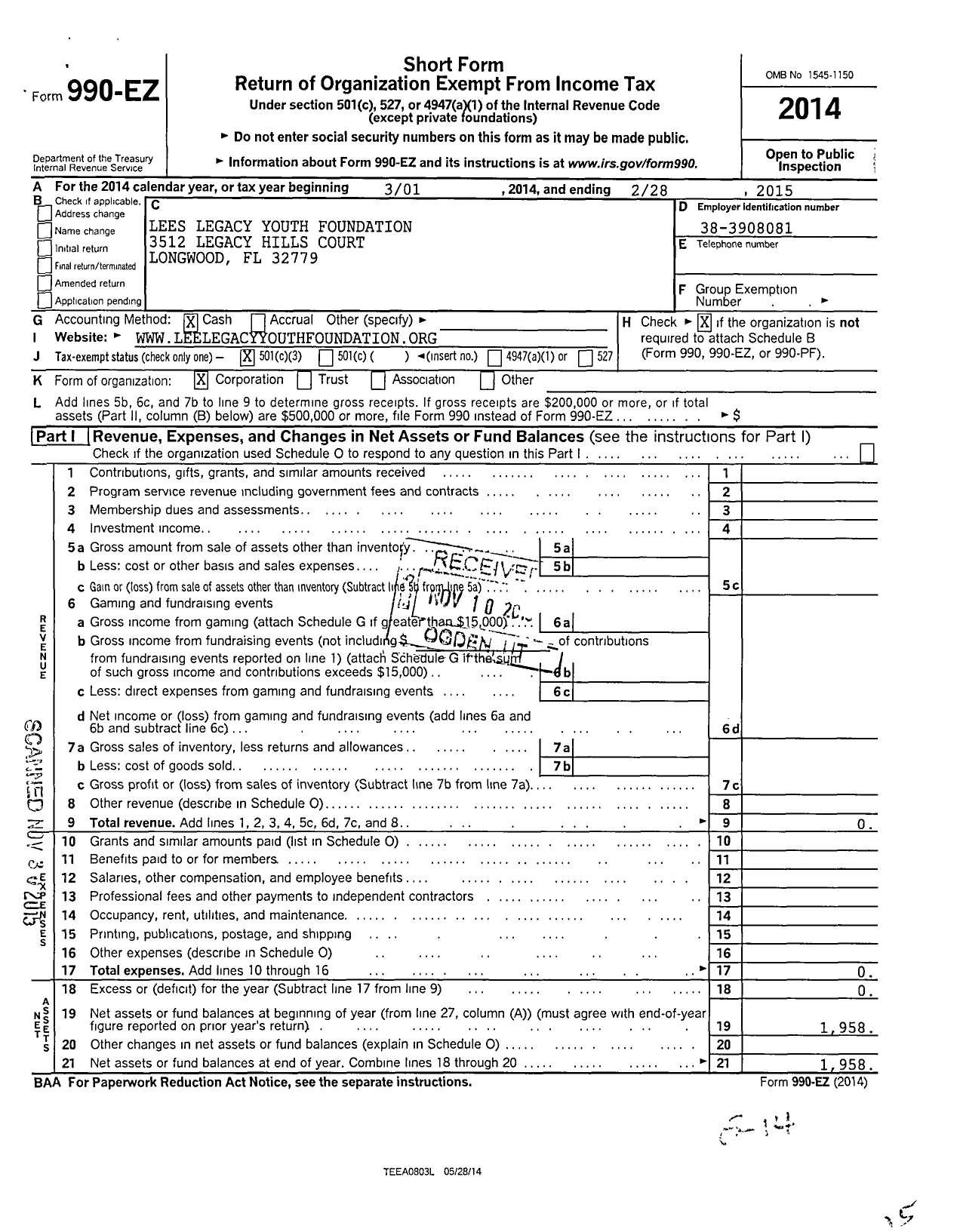 Image of first page of 2014 Form 990EZ for Lees Legacy Youth Foundation