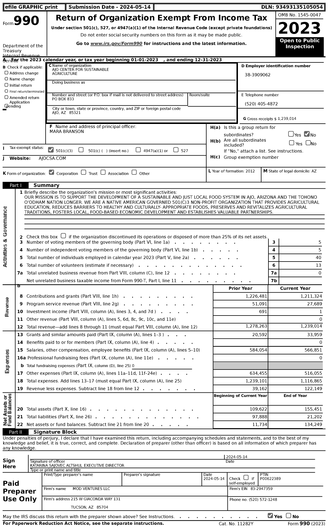 Image of first page of 2023 Form 990 for Ajo Center for Sustainable Agriculture