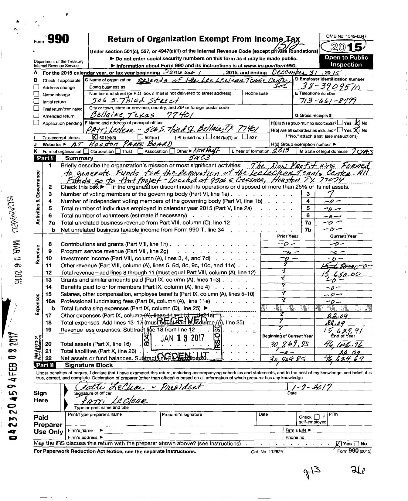 Image of first page of 2015 Form 990 for Friends of the Lee Leclear Tennis Center