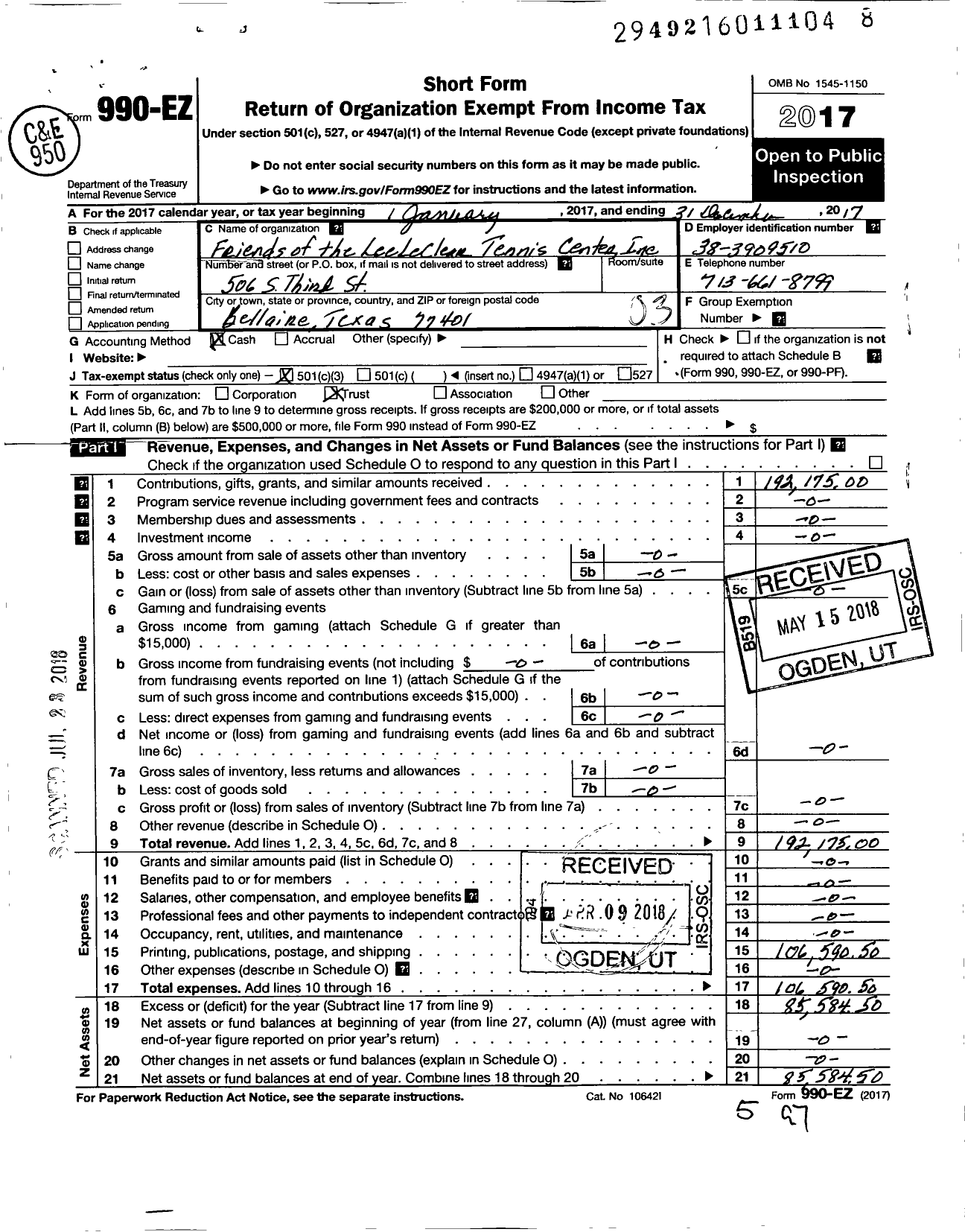 Image of first page of 2017 Form 990EZ for Friends of the Lee Leclear Tennis Center