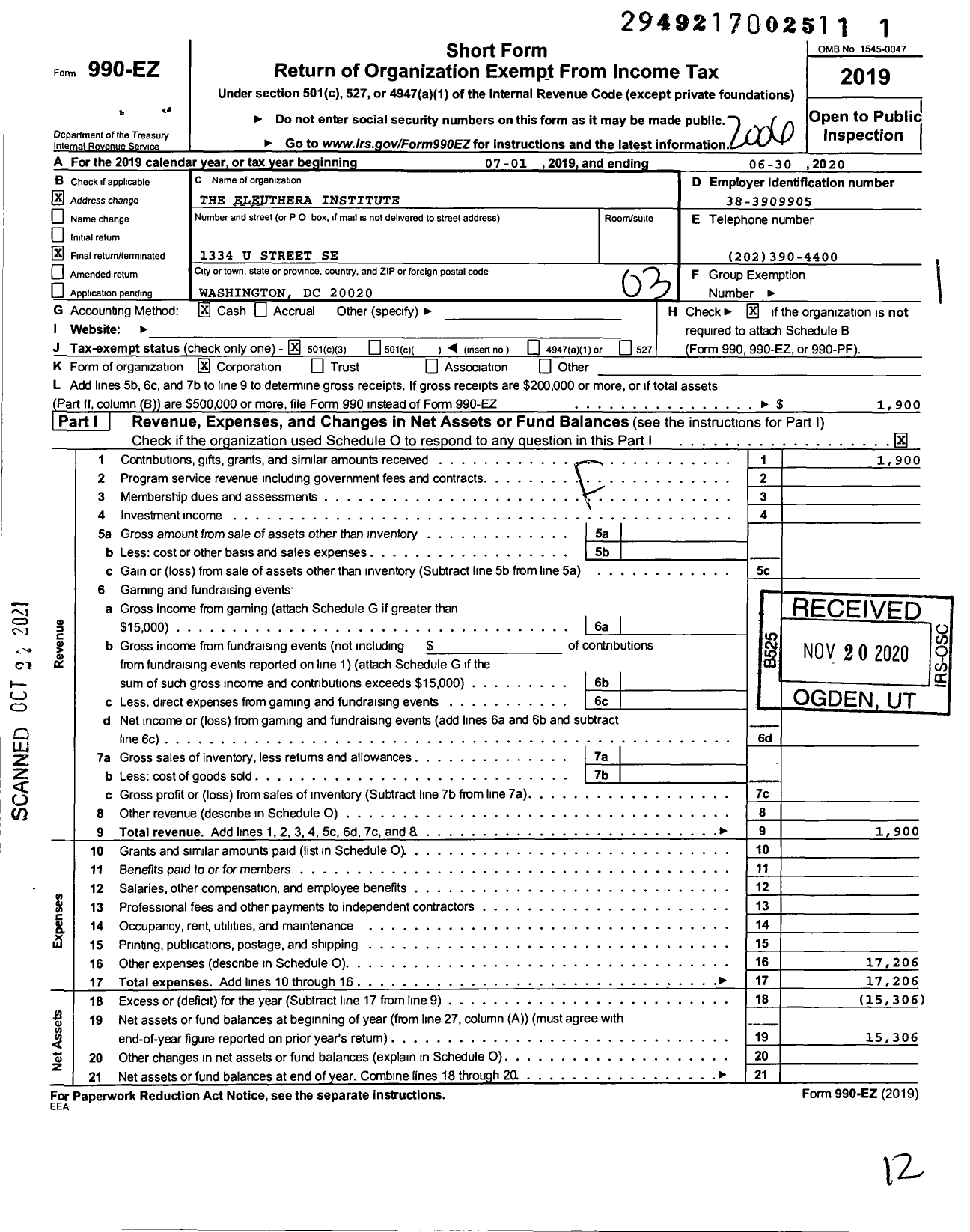 Image of first page of 2019 Form 990EZ for Eleuthera Institute