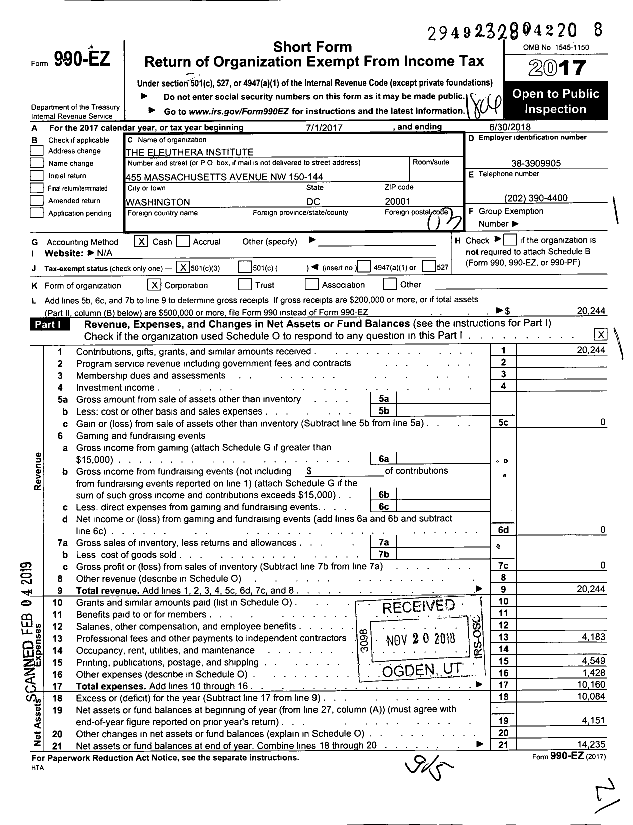Image of first page of 2017 Form 990EZ for Eleuthera Institute
