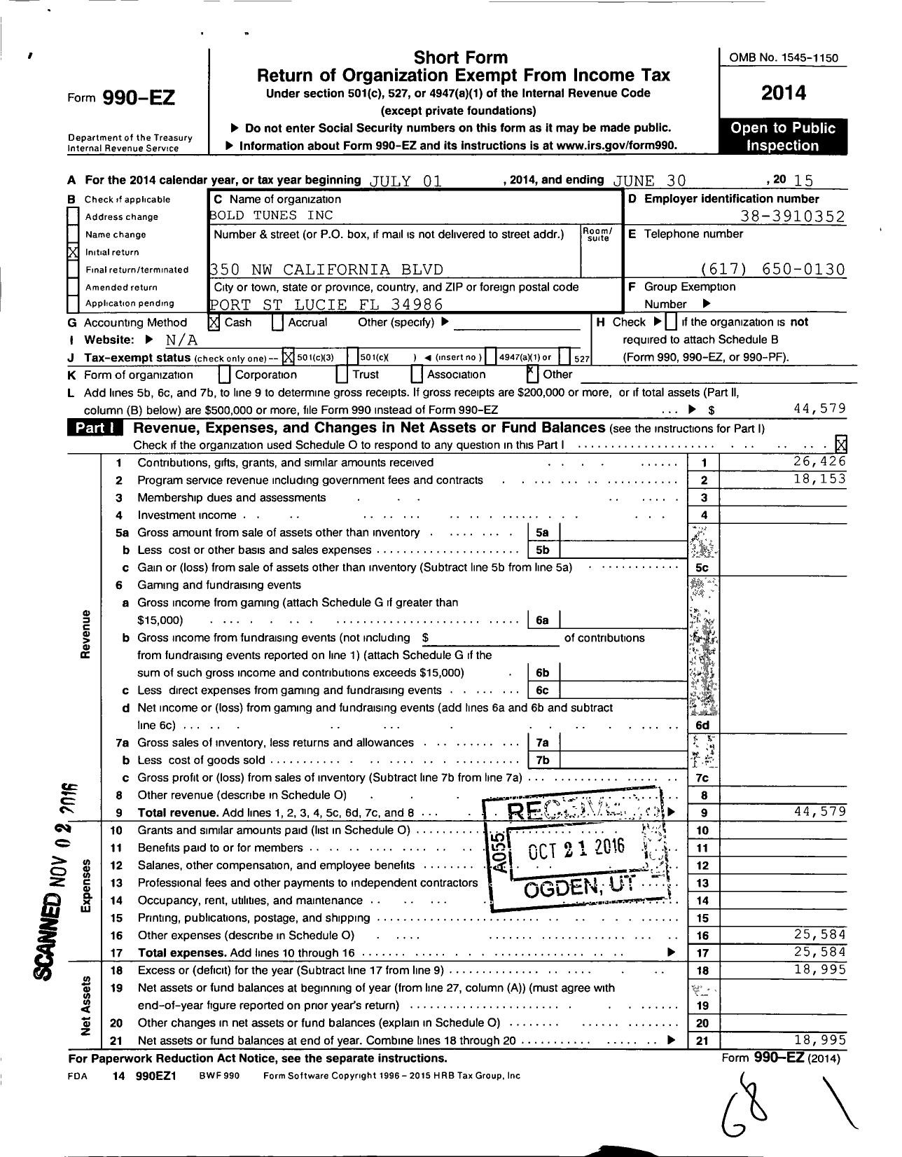 Image of first page of 2014 Form 990EZ for Boldtunes