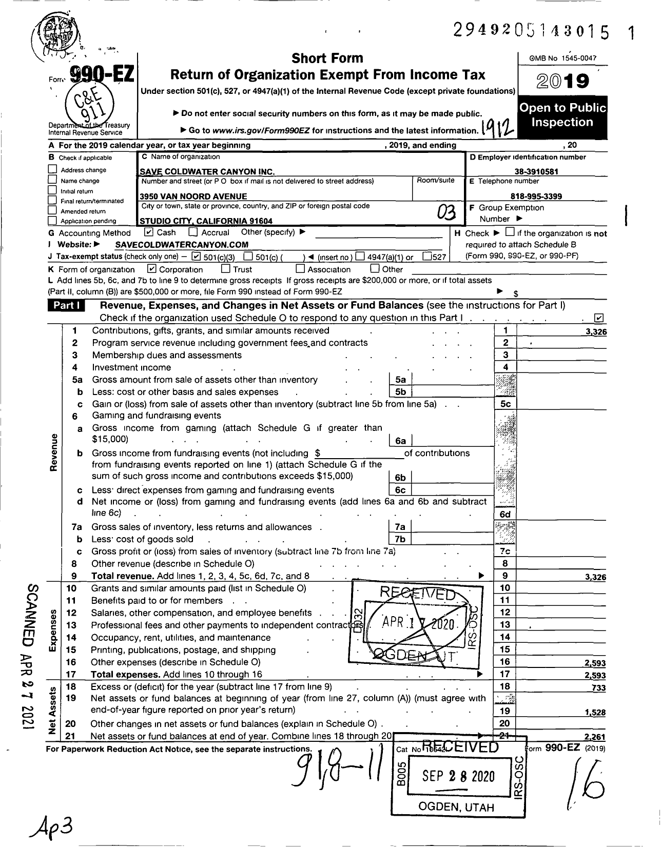 Image of first page of 2019 Form 990EZ for Save Coldwater Canyon