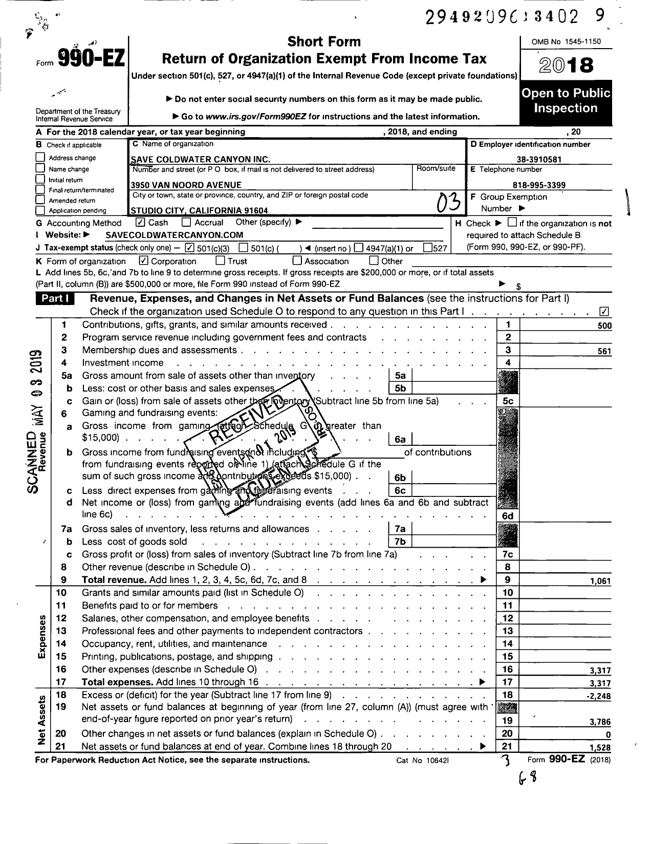 Image of first page of 2018 Form 990EZ for Save Coldwater Canyon