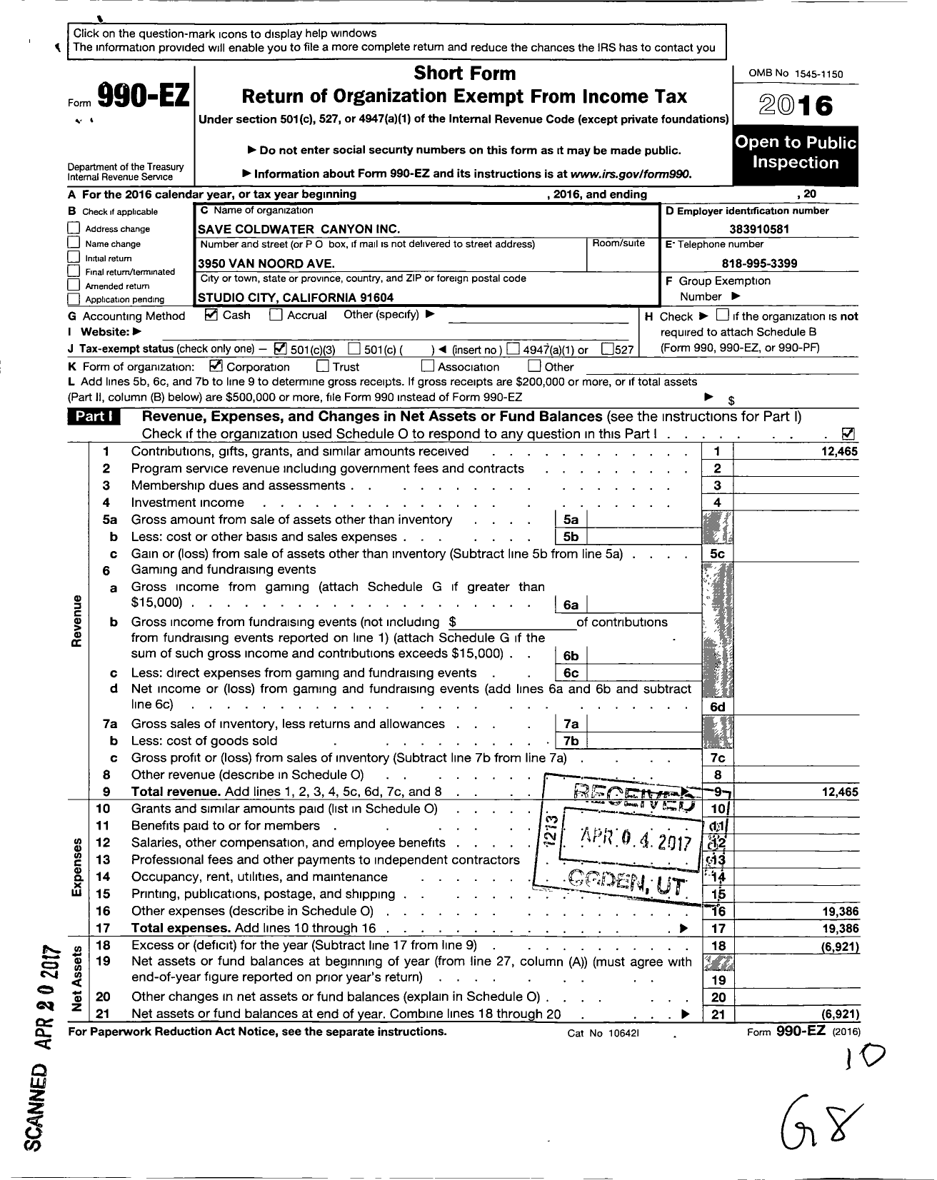 Image of first page of 2016 Form 990EZ for Save Coldwater Canyon