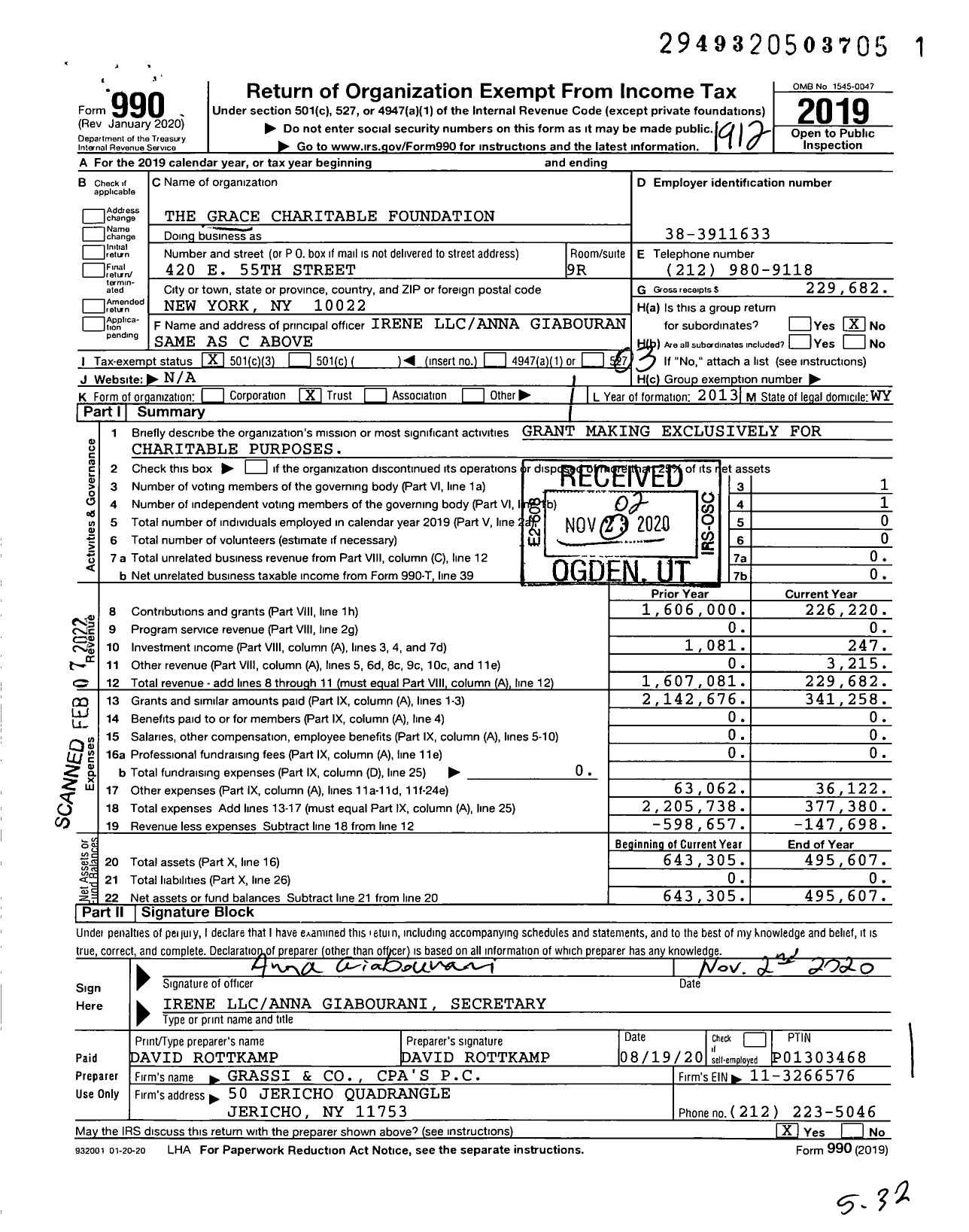 Image of first page of 2019 Form 990 for The Grace Charitable Foundation