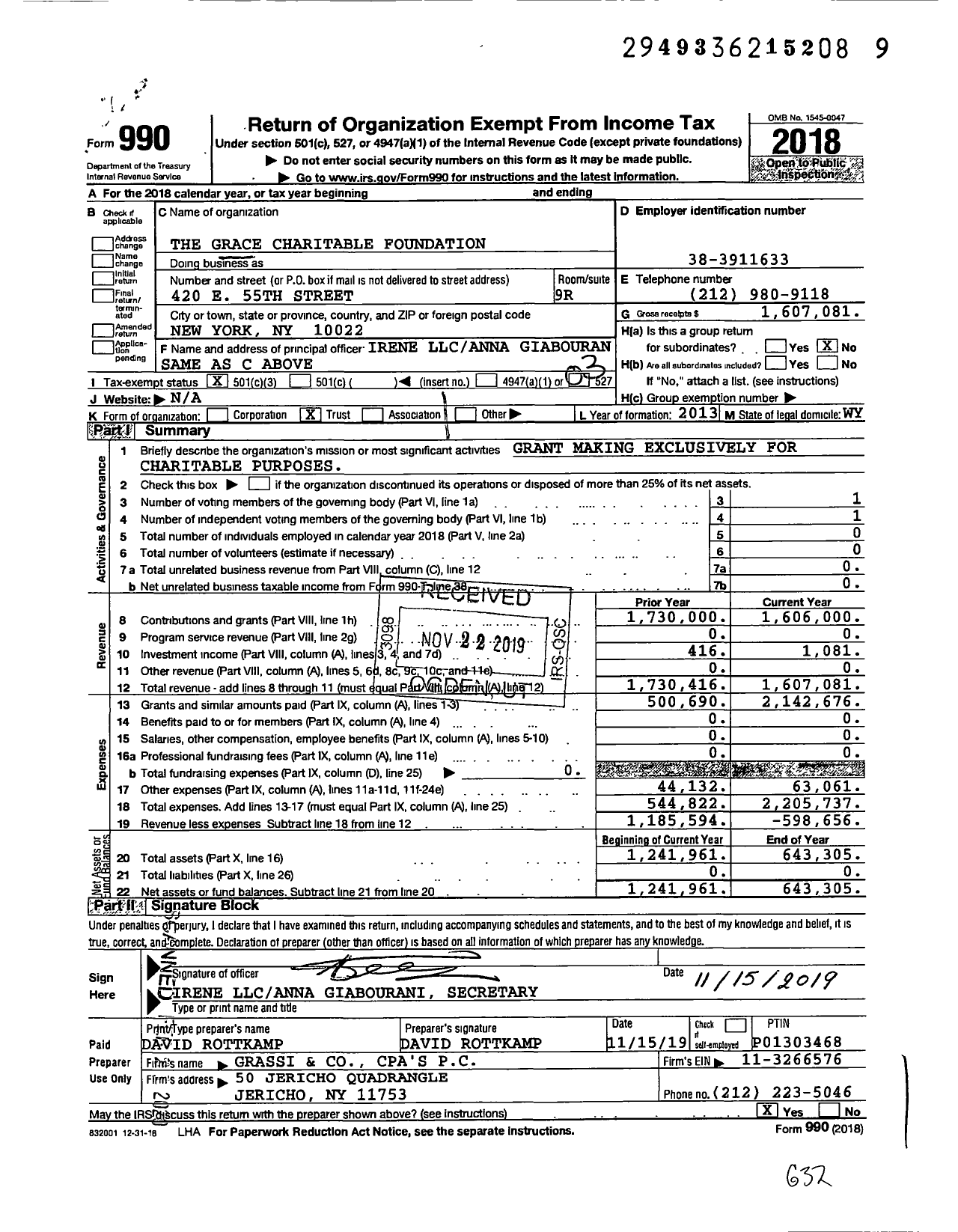 Image of first page of 2018 Form 990 for The Grace Charitable Foundation