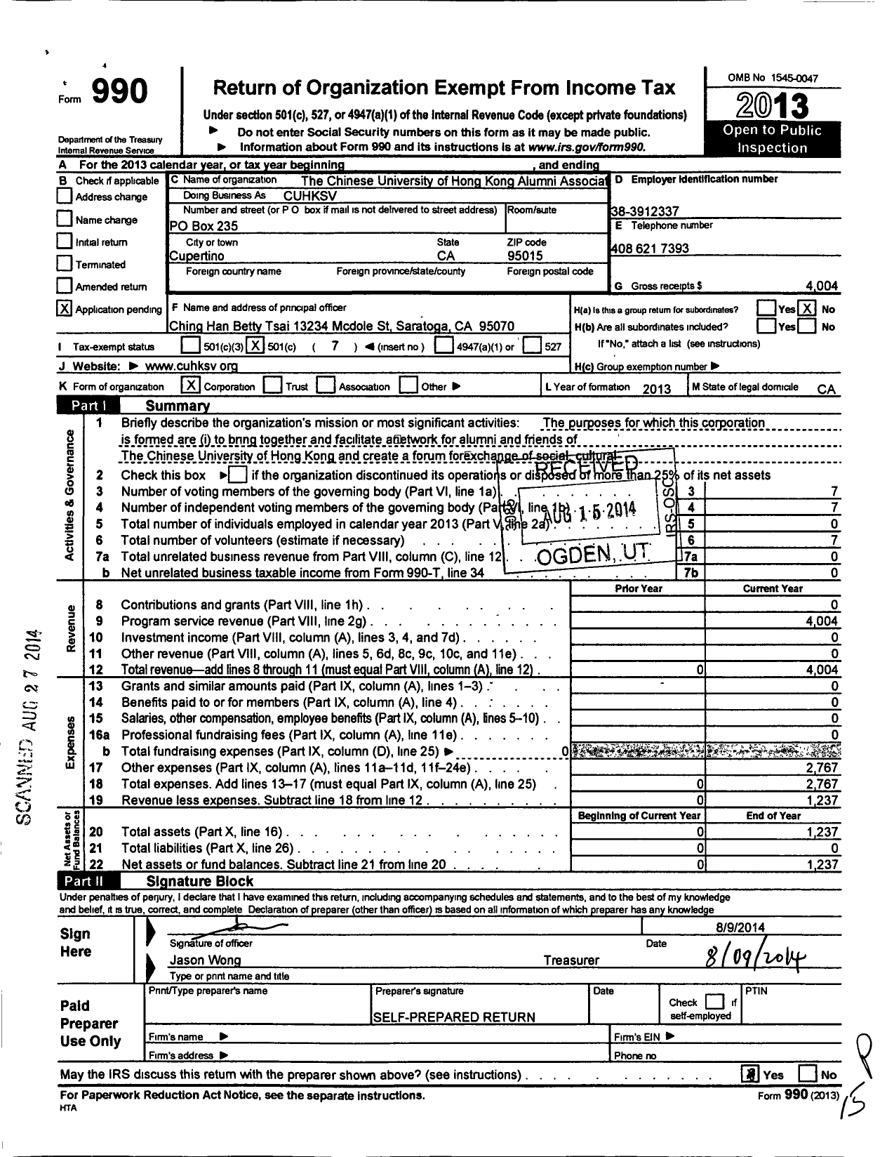 Image of first page of 2013 Form 990O for Chinese University of Hong Kong Alumni Association of Silicon Vall