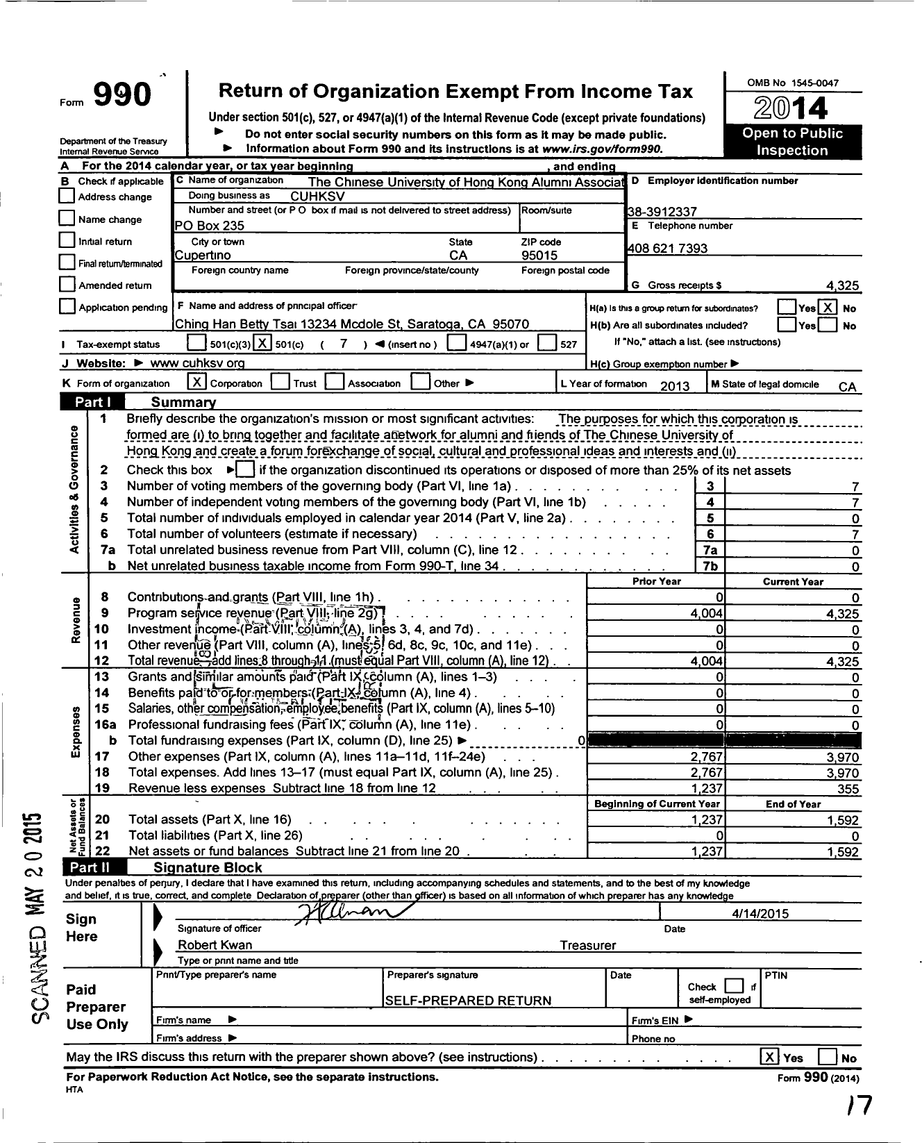 Image of first page of 2014 Form 990O for Chinese University of Hong Kong Alumni Association of Silicon Vall