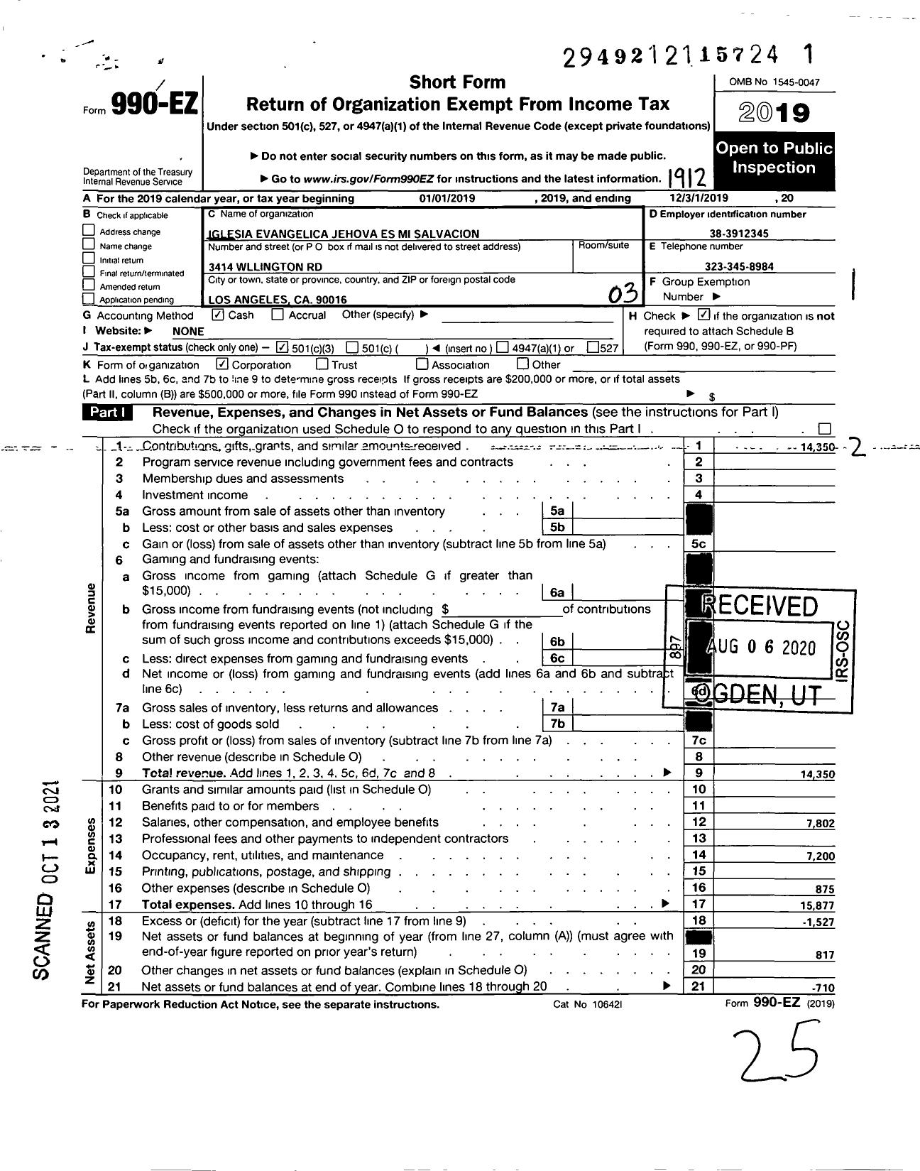 Image of first page of 2019 Form 990EZ for Iglesia Evangelica Jehova Es Mi Salvacion