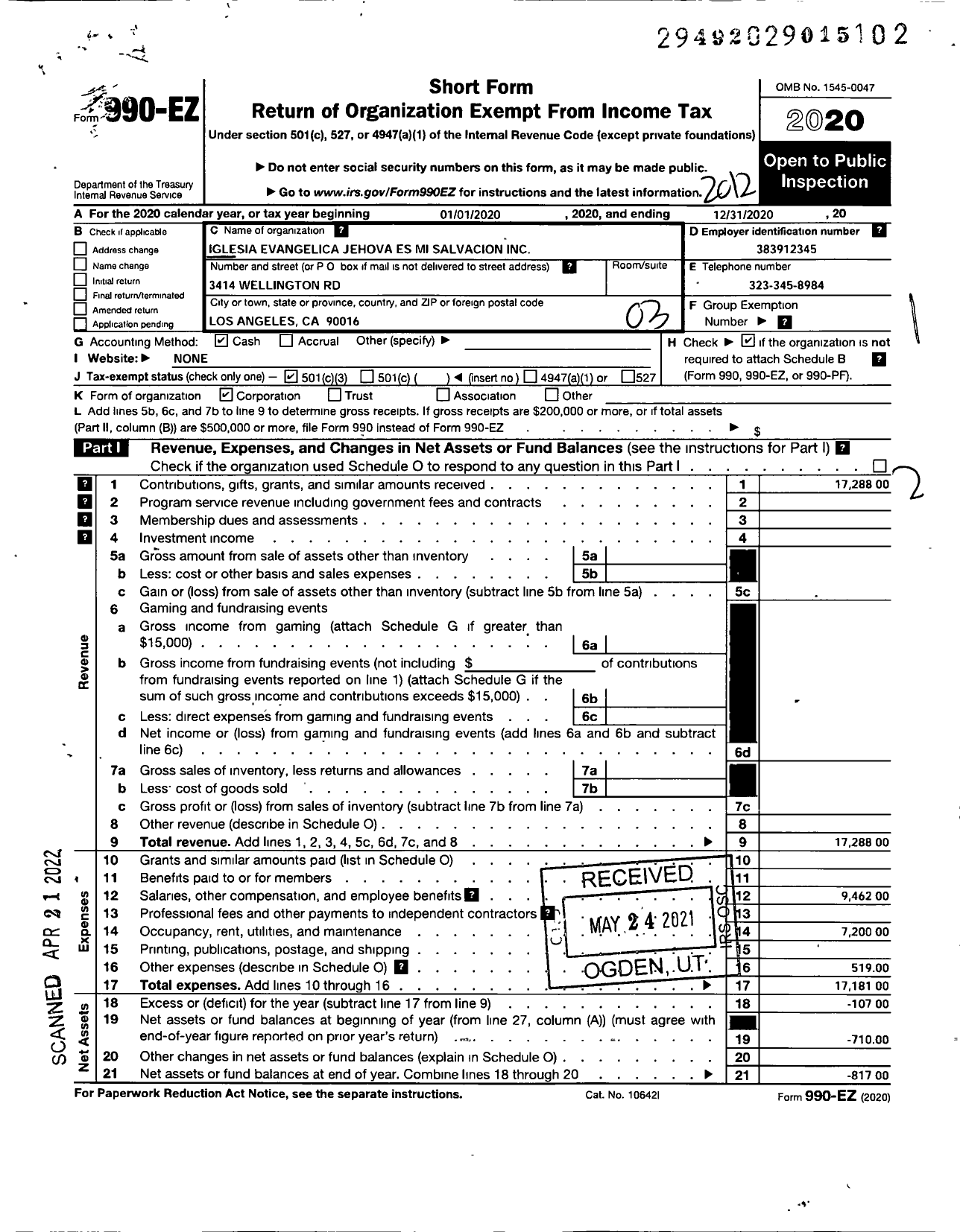 Image of first page of 2020 Form 990EZ for Iglesia Evangelica Jehova Es Mi Salvacion