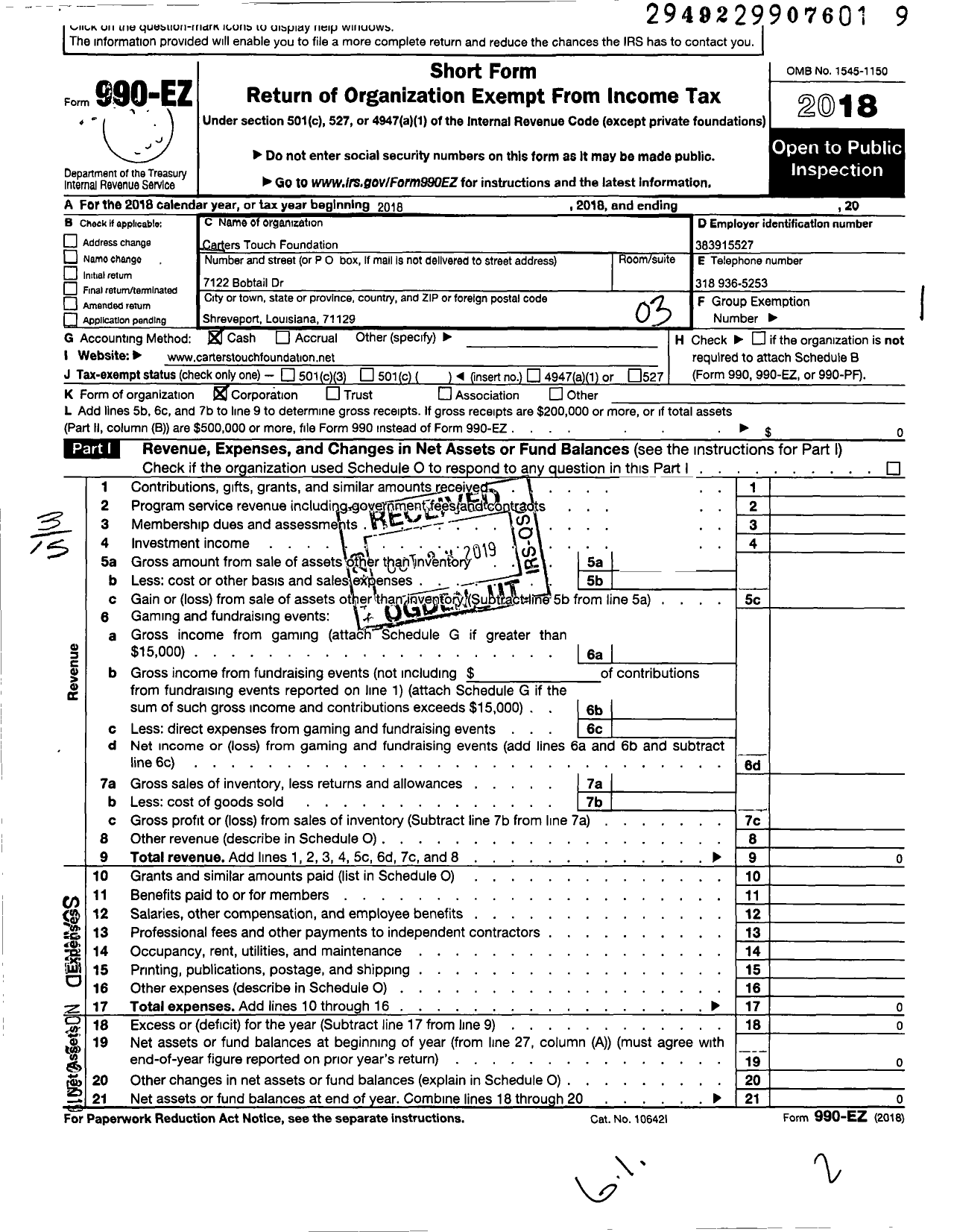 Image of first page of 2018 Form 990EZ for The Carters Touch Foundation