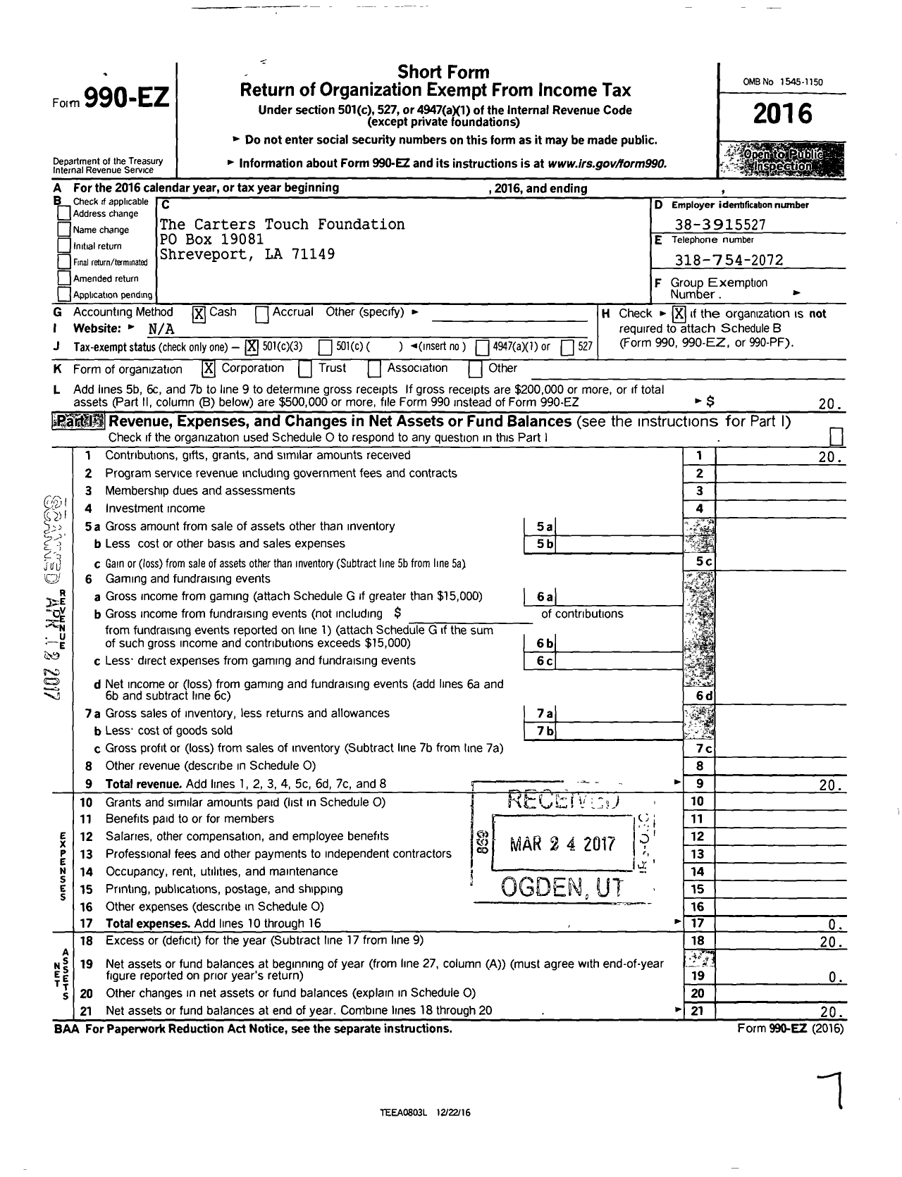 Image of first page of 2016 Form 990EZ for The Carters Touch Foundation