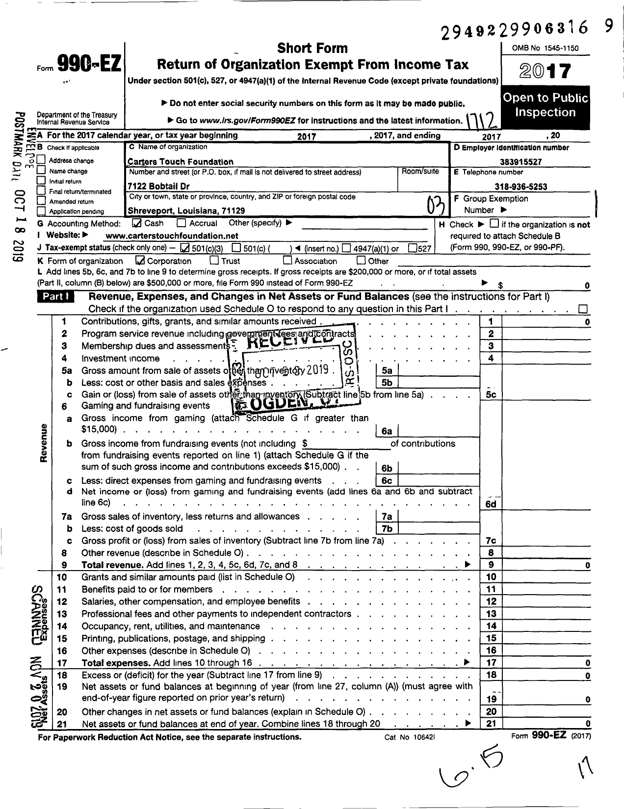 Image of first page of 2017 Form 990EZ for The Carters Touch Foundation