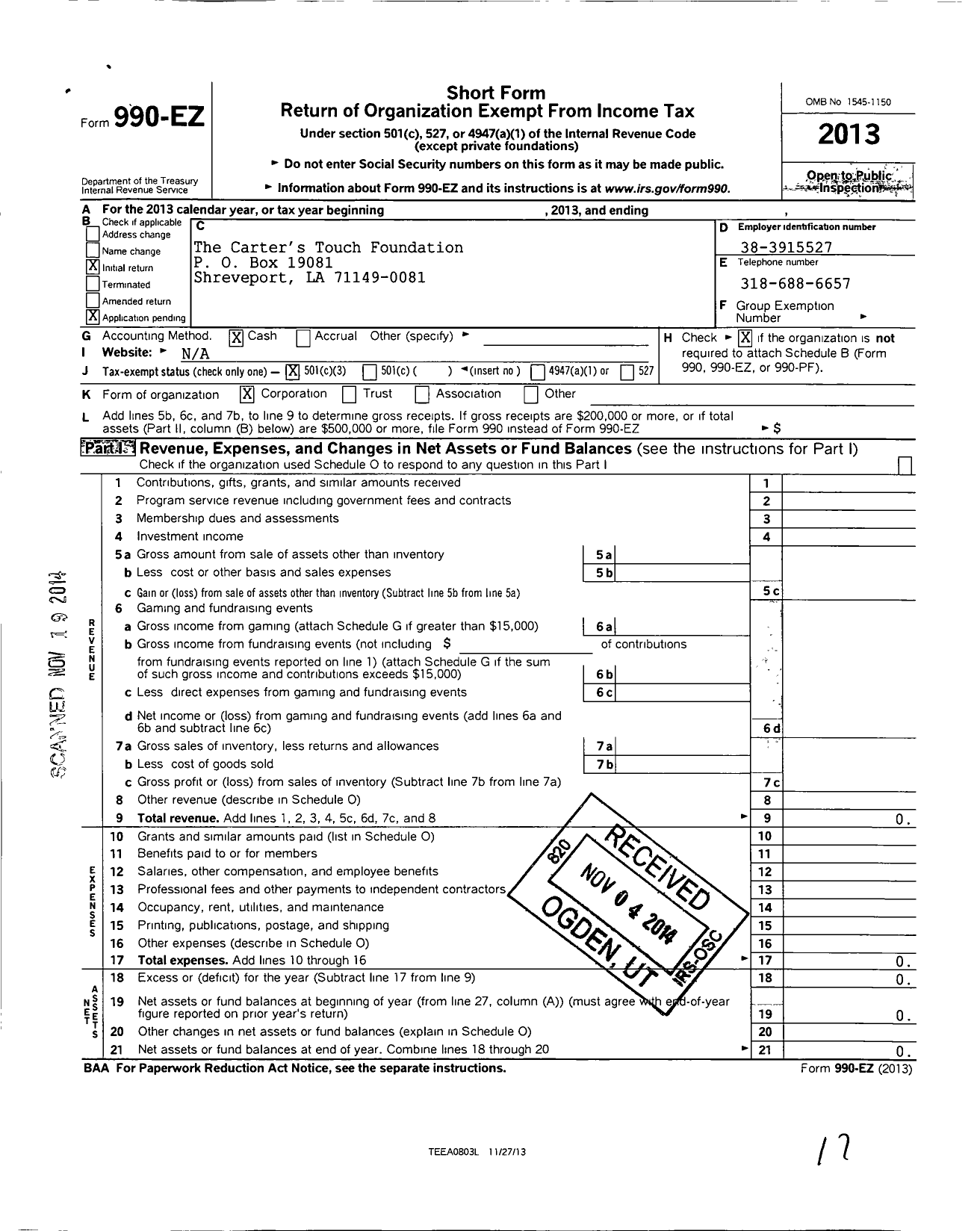 Image of first page of 2013 Form 990EZ for The Carters Touch Foundation