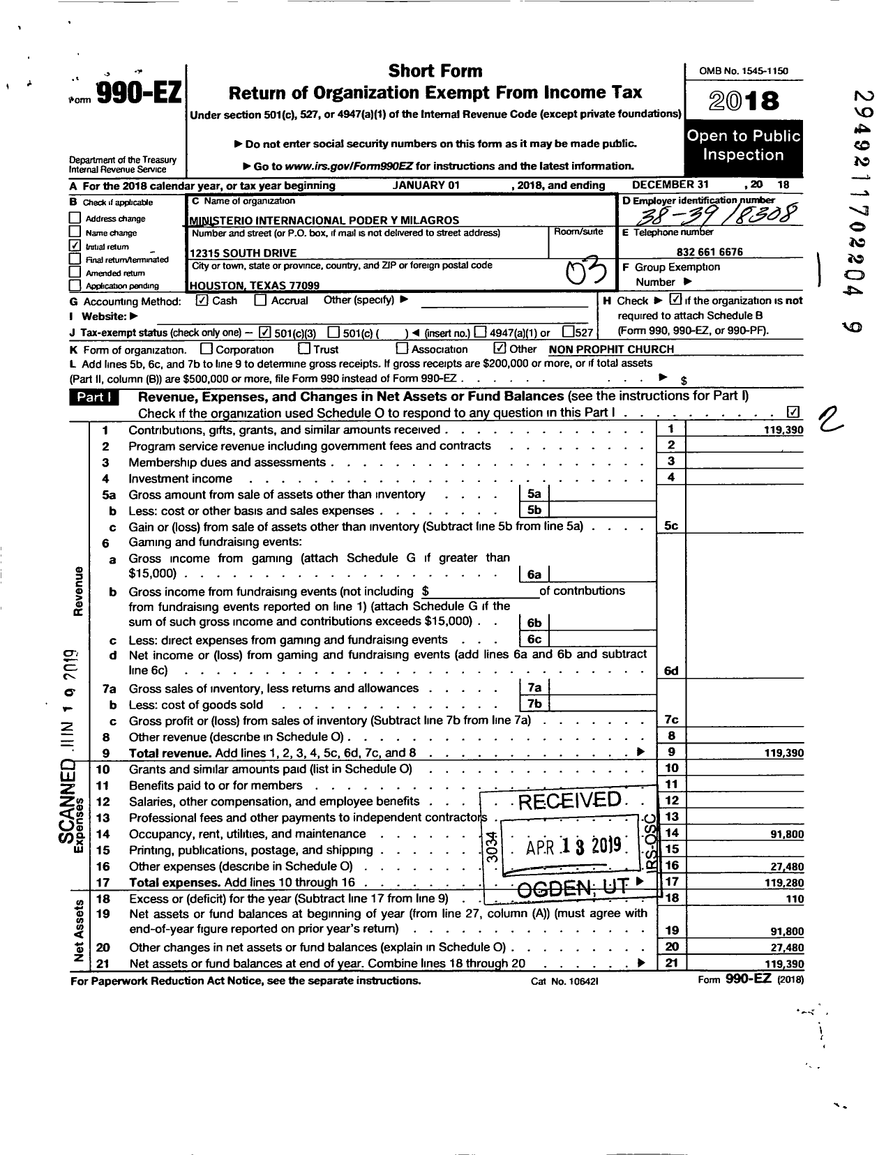 Image of first page of 2018 Form 990EZ for Ministerio Internacional Poder Y Milagros