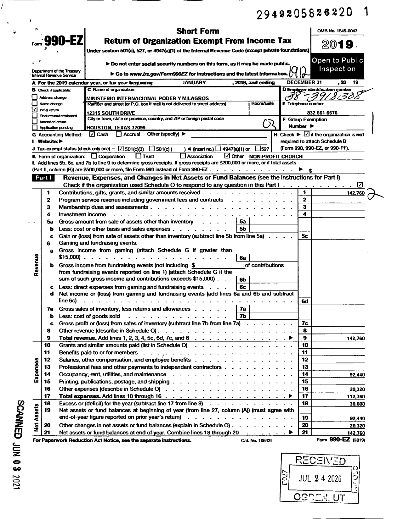 Image of first page of 2019 Form 990EZ for Ministerio Internacional Poder Y Milagros