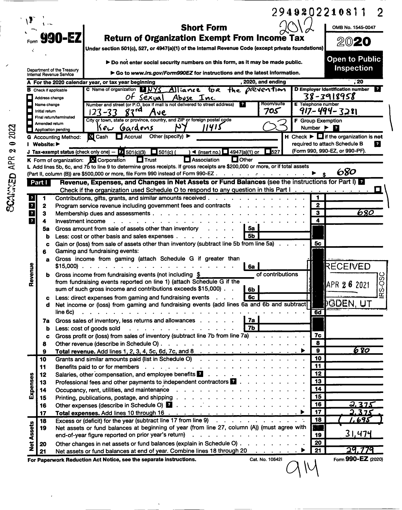 Image of first page of 2020 Form 990EZ for Nys Alliance for the Prevention of Sexual Abuse