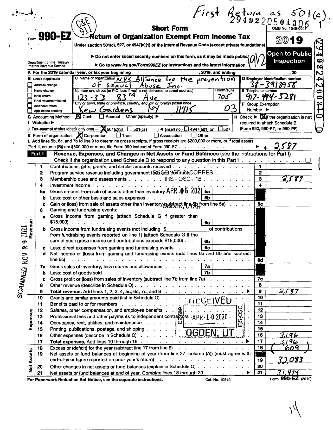 Image of first page of 2019 Form 990EZ for Nys Alliance for the Prevention of Sexual Abuse