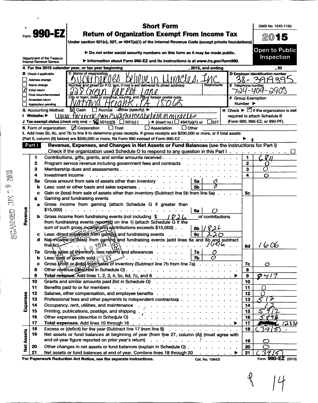 Image of first page of 2015 Form 990EZ for SUPERHEROeS BELIEVE IN MIRACLES