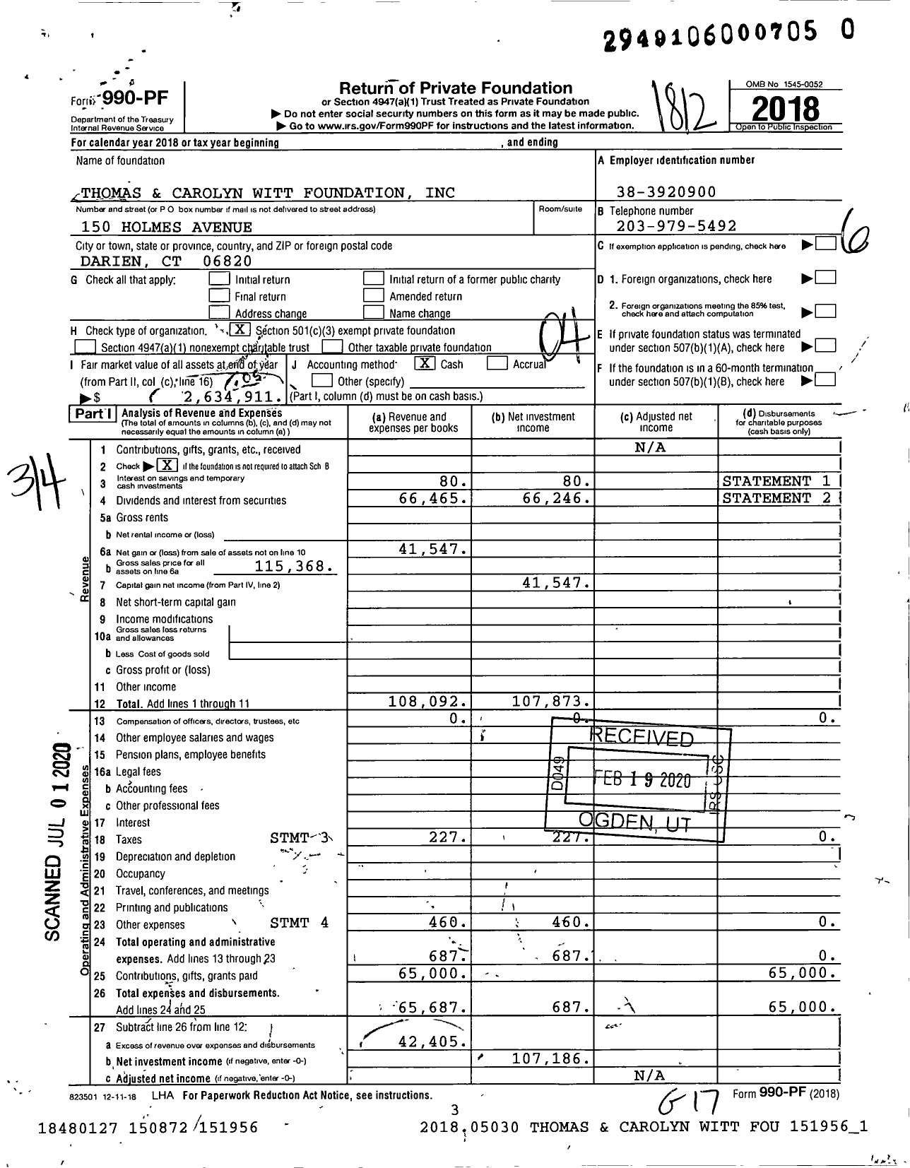 Image of first page of 2018 Form 990PR for Thomas and Carolyn Witt Foundation