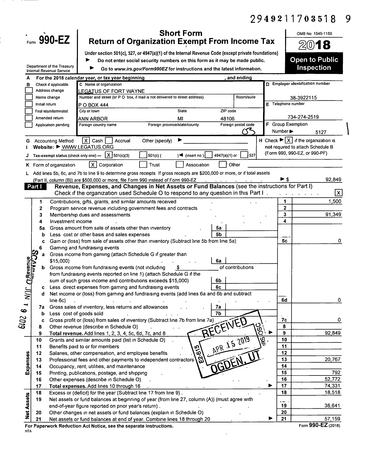 Image of first page of 2018 Form 990EZ for Legatus of Fort Wayne