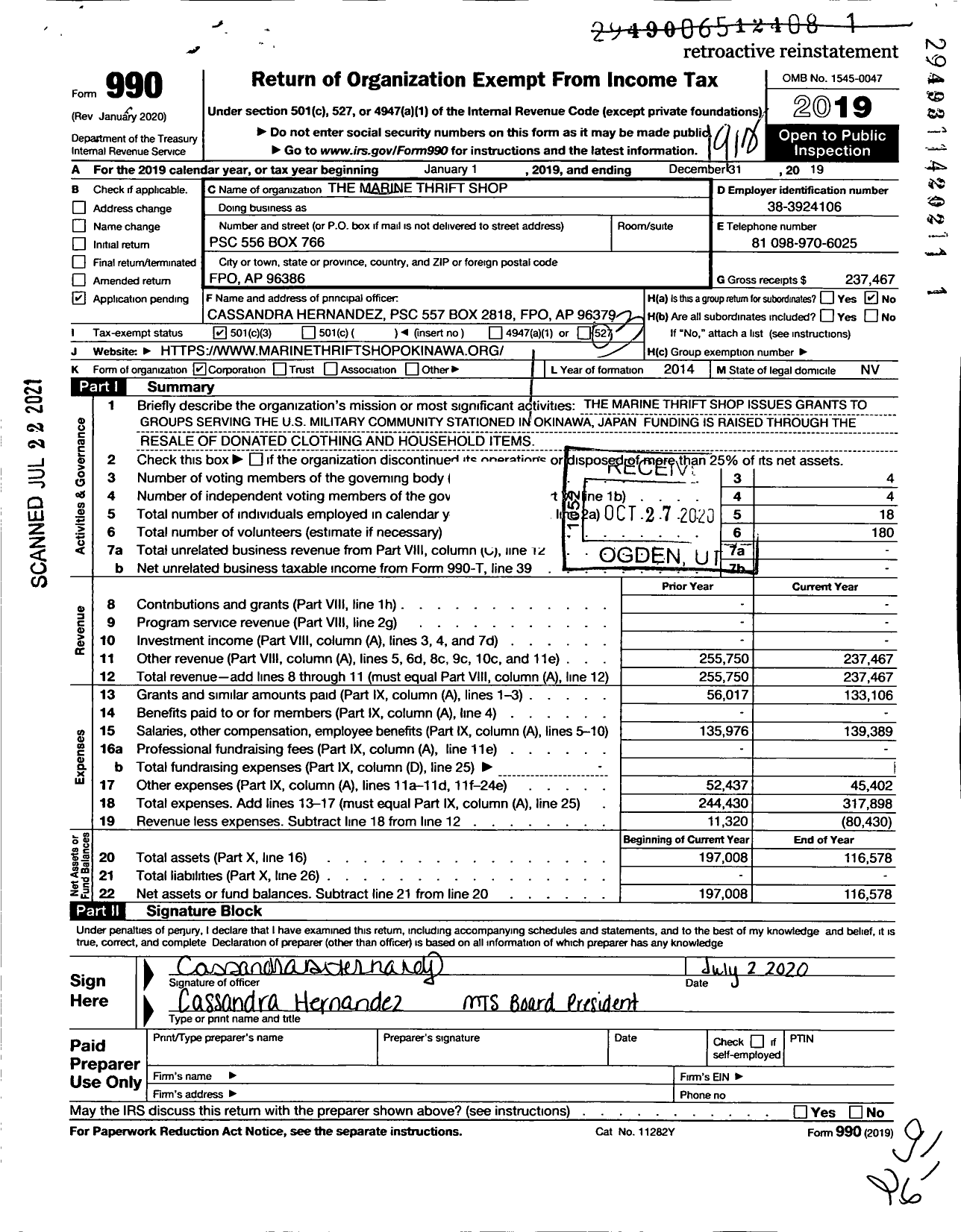 Image of first page of 2019 Form 990 for Marine Thrift Shop