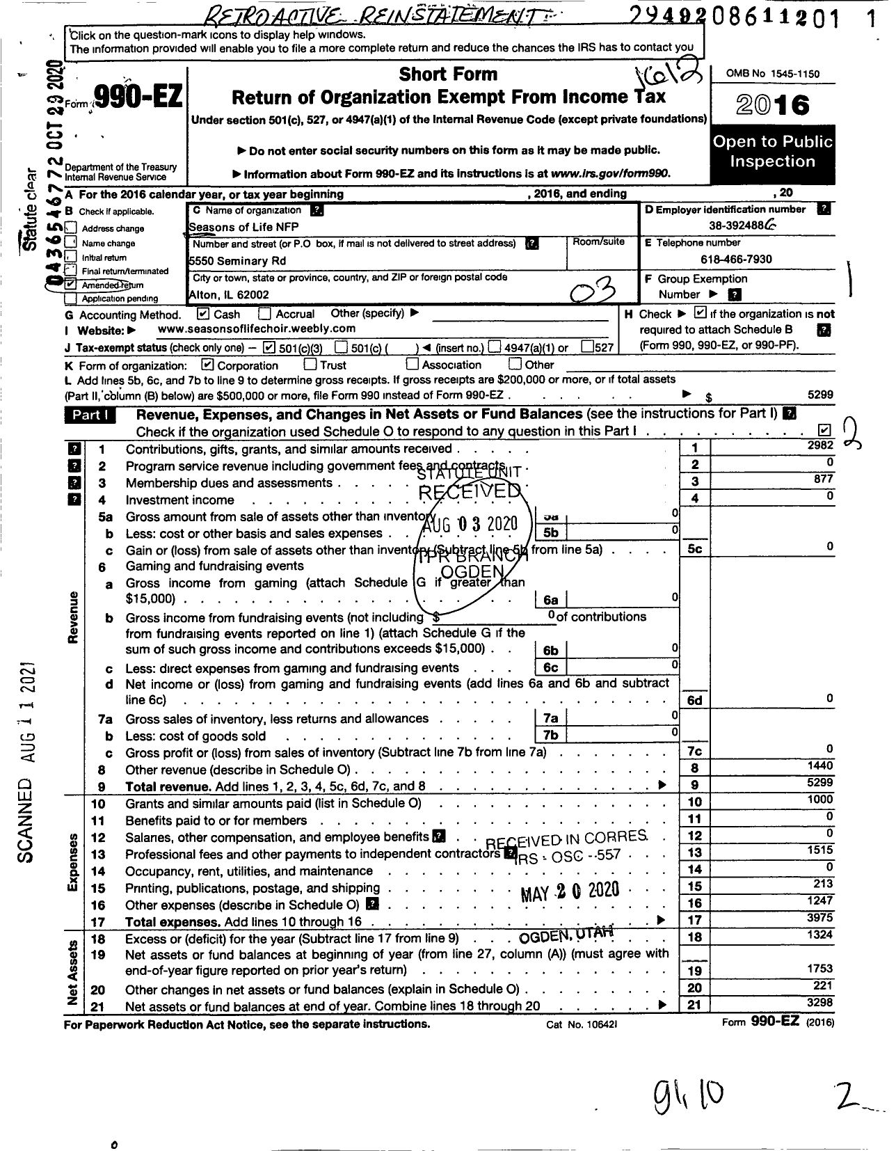 Image of first page of 2016 Form 990EZ for Seasons of Life NFP