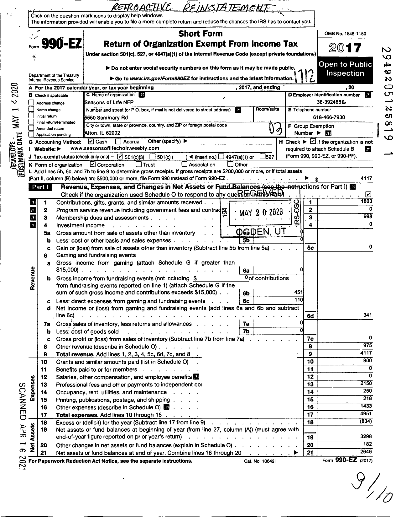 Image of first page of 2017 Form 990EZ for Seasons of Life NFP