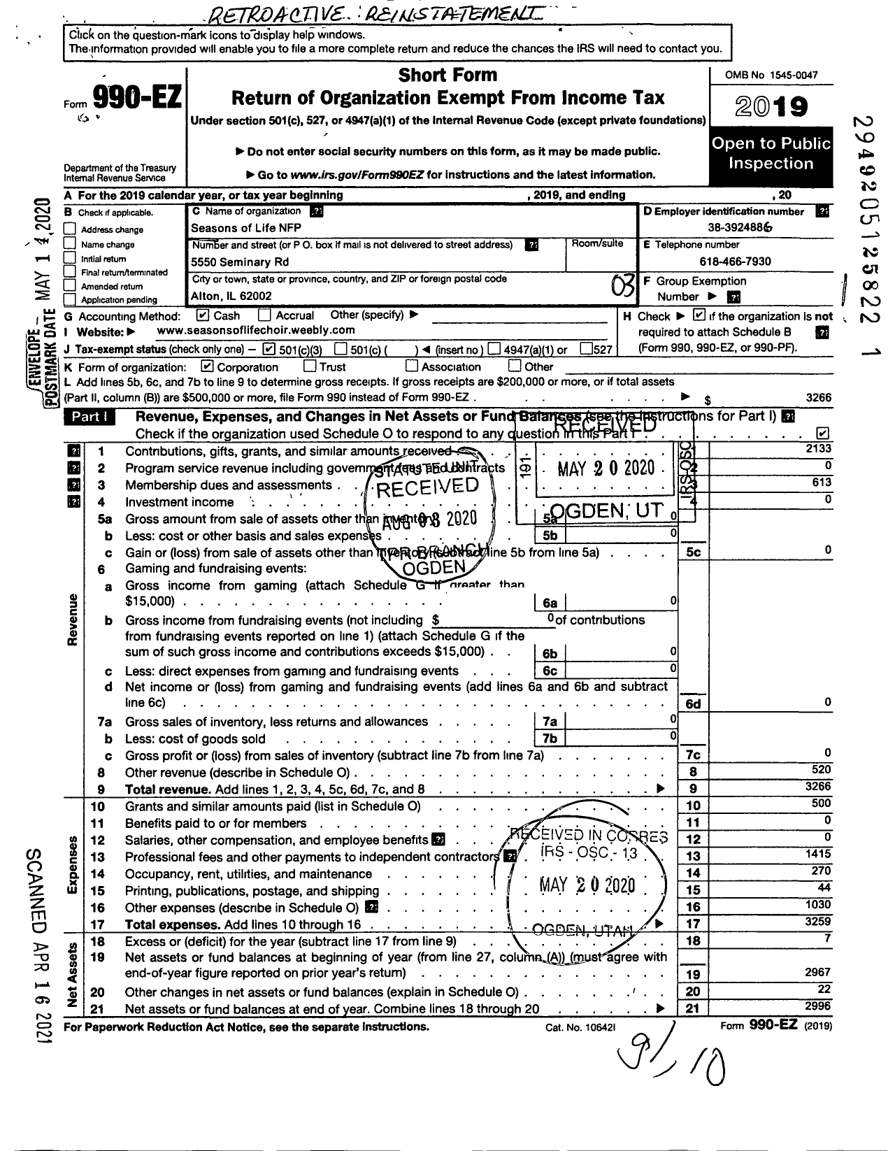 Image of first page of 2019 Form 990EZ for Seasons of Life NFP